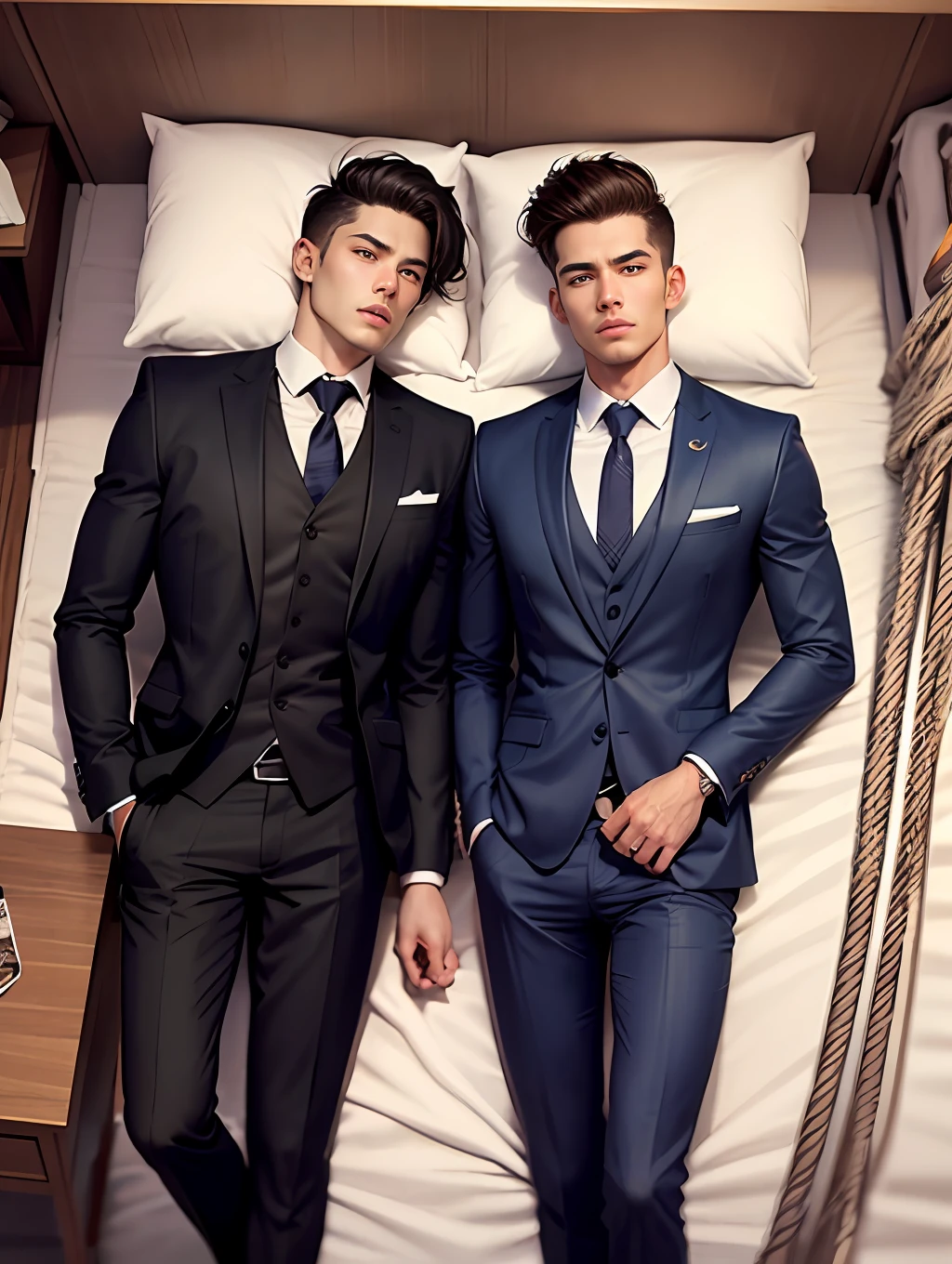 Real Human,Handsome guy in a suit,Both brothers were tied with ropes,The bed was wide,height is 180 cm,Lying in bed unable to move,Young and handsome,Slim figure,The older brother wears a striped suit,The younger brother wears a casual suit