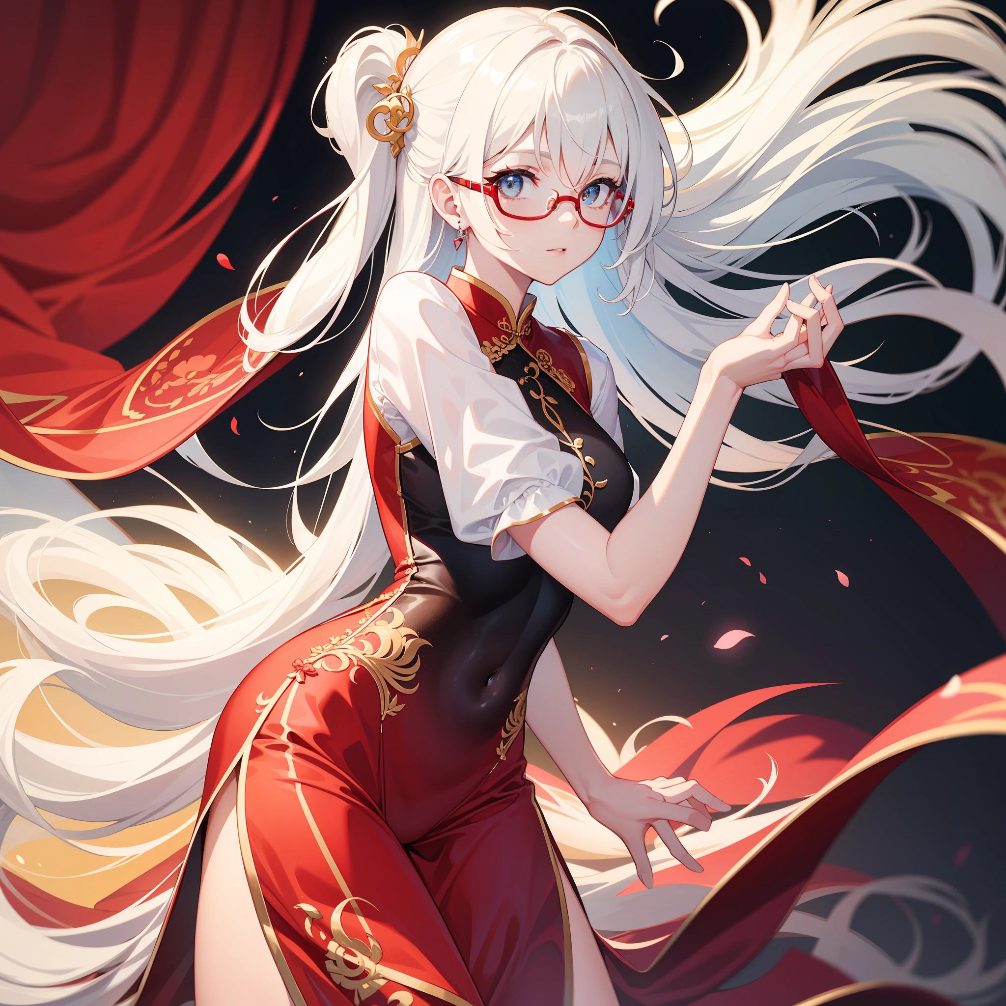 k hd， 8K， （（（tmasterpiece）））， （（（A high resolution）））， （（best qualtiy））， （（Extremely refined and beautiful））， on cheongsam，White color hair，red-tinted glasses，a pregirl，Colorful background，On your stomach