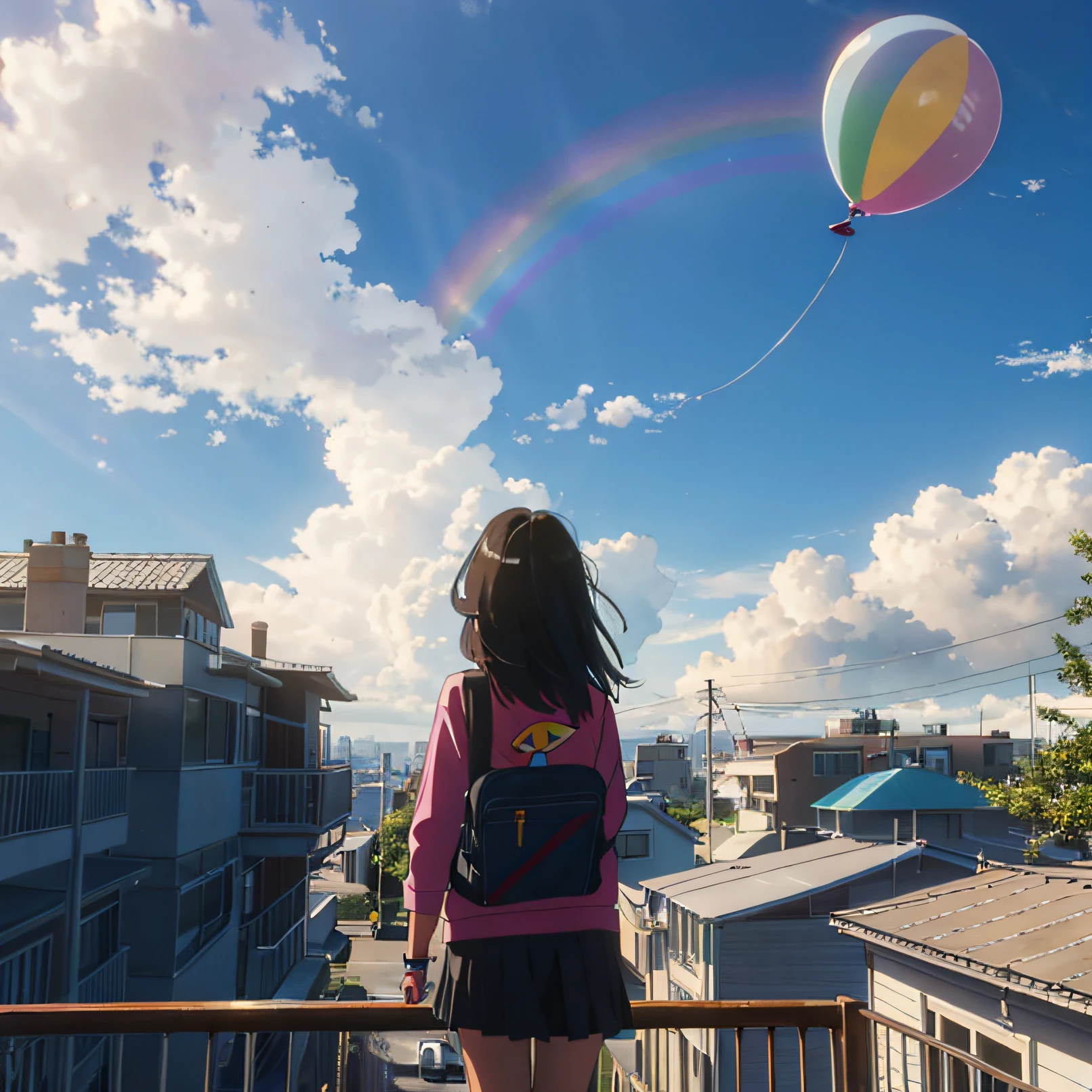 teens girl, Skysky, Ladder, rainbowing, , morning, Sunlight, balloon --auto