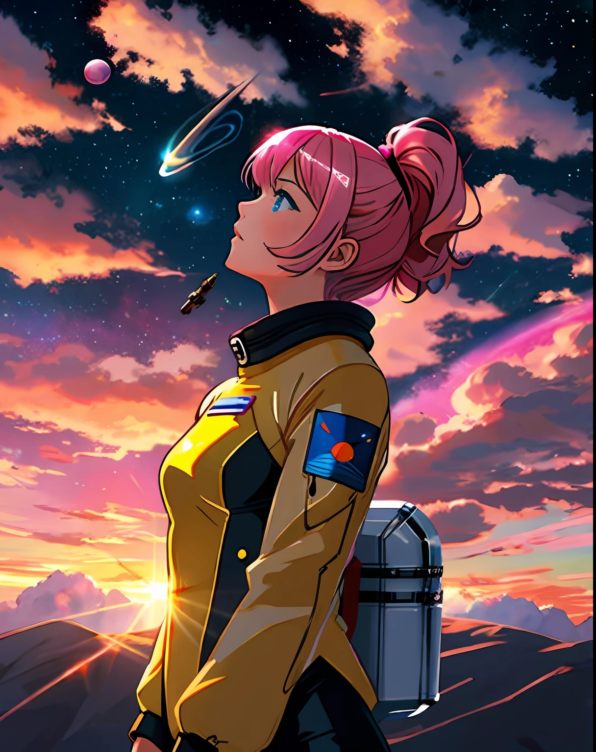 space cadet girl, chrome golden suit, pink clouds, landscape