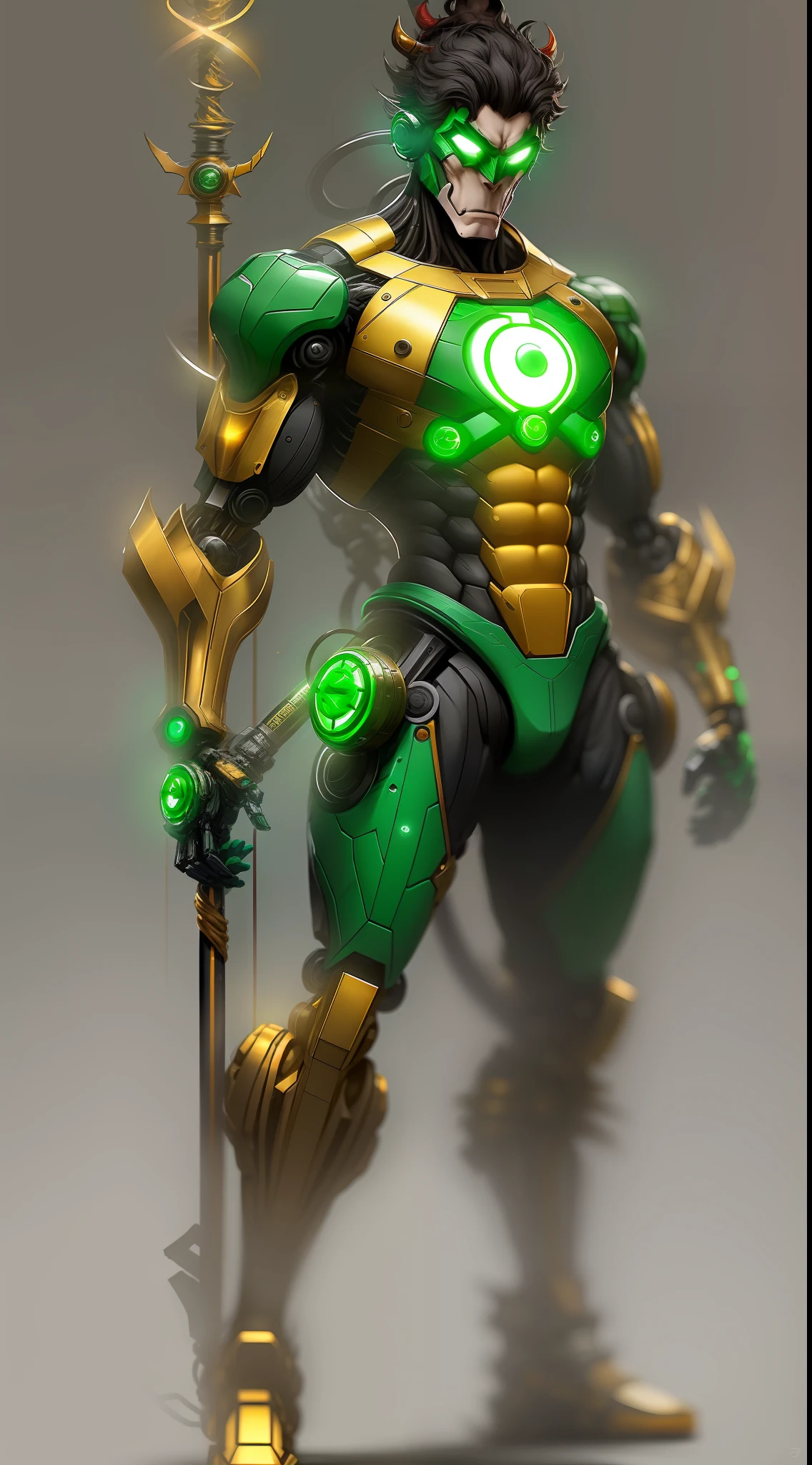 Chinese mythology Monkey King Green Lantern photography was filmed in DC, Biomechanical, Long golden stick in his hand，complex robot, in full height, Hyper-realistic, Crazy little details, extremely clean lines, cyberpunk aesthetics, a masterpiece featured at Zbrush Central