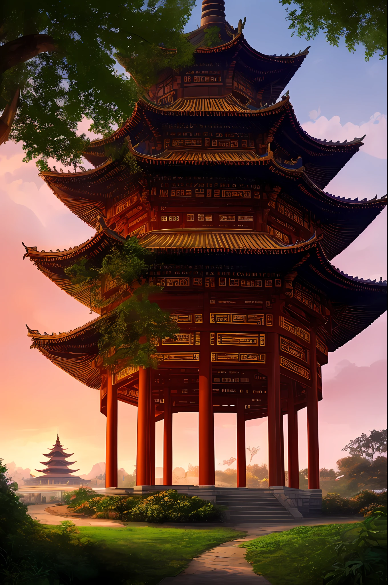 Masterpiece, best quality, high quality, extremely detailed CG unity 8k wallpaper, Hangzhou pagoda with ancient Chinese aesthetics, surrounded by ancient buildings and temples in Chinese style, trees and landscapes are composed of picturesque scenery, panoramic view and soft light. artstation, digital illustration, complex, trending, pastel colors, oil painting, award winning photography, bokeh, depth of field, HDR, bloom, chromatic aberration, realism, very detailed, artstation trend, CGsociety trend, complex, high detail, dramatic, midjourney art