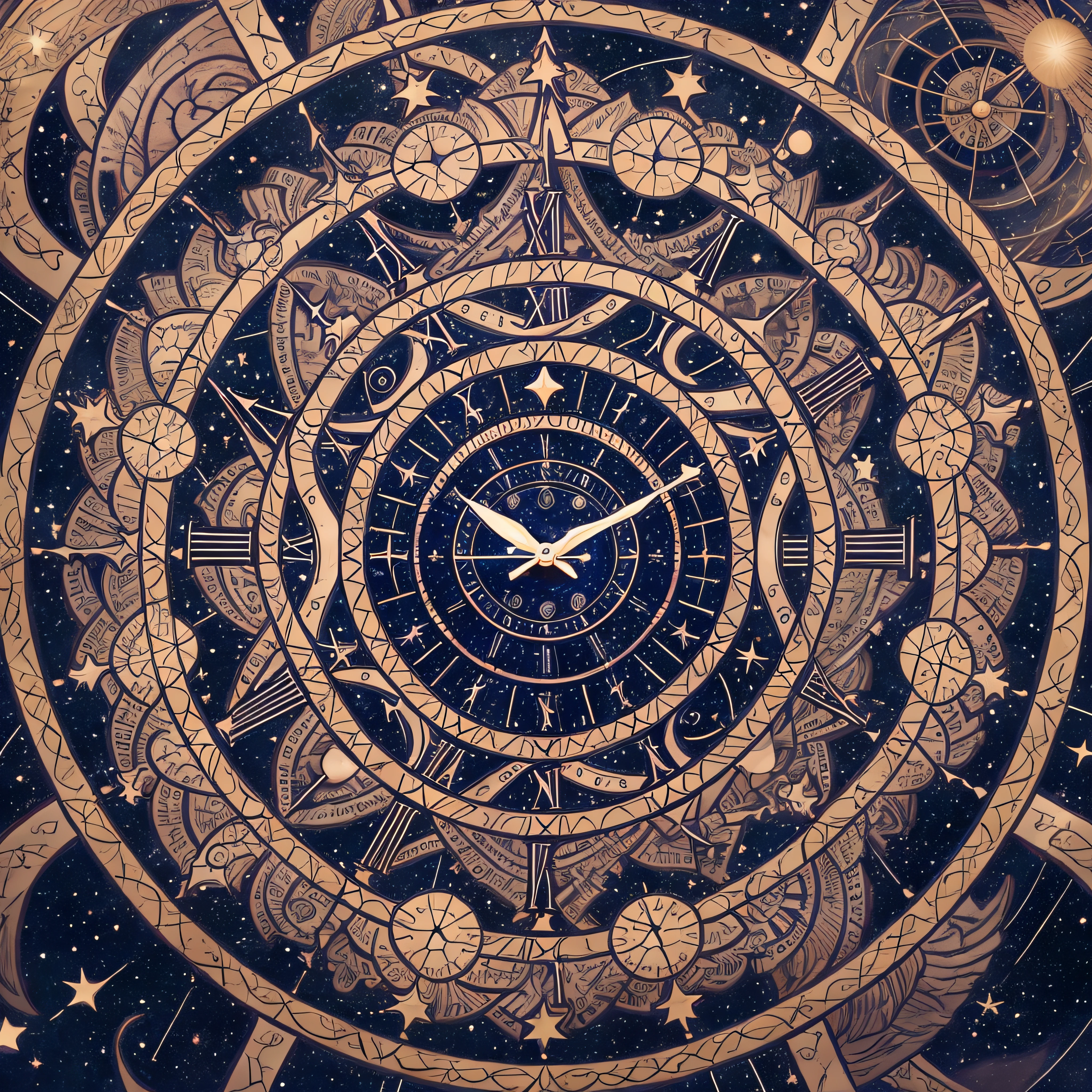The image can show a starry sky with an astral clock, where the stars or constellations form the hands and indicate the time. This symbolic representation emphasizes the connection between time and the cosmos, highlighting the expansive and infinite nature of the universe.