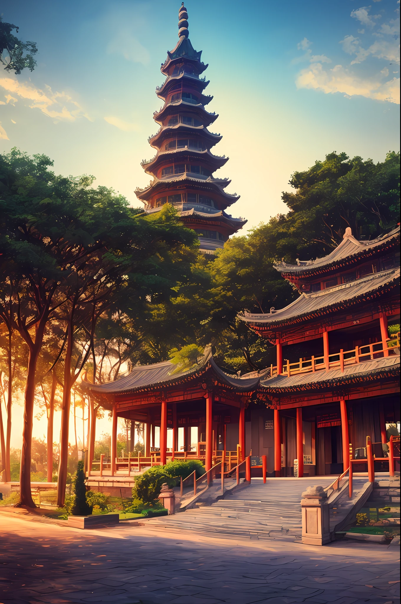Masterpiece, best quality, high quality, extremely detailed CG unity 8k wallpaper, Hangzhou pagoda with ancient Chinese aesthetics, surrounded by ancient buildings and temples in Chinese style, trees and landscapes are composed of picturesque scenery, panoramic view and soft light. artstation, digital illustration, complex, trending, pastel colors, oil painting, award winning photography, bokeh, depth of field, HDR, bloom, chromatic aberration, realism, very detailed, artstation trend, CGsociety trend, complex, high detail, dramatic, midjourney art