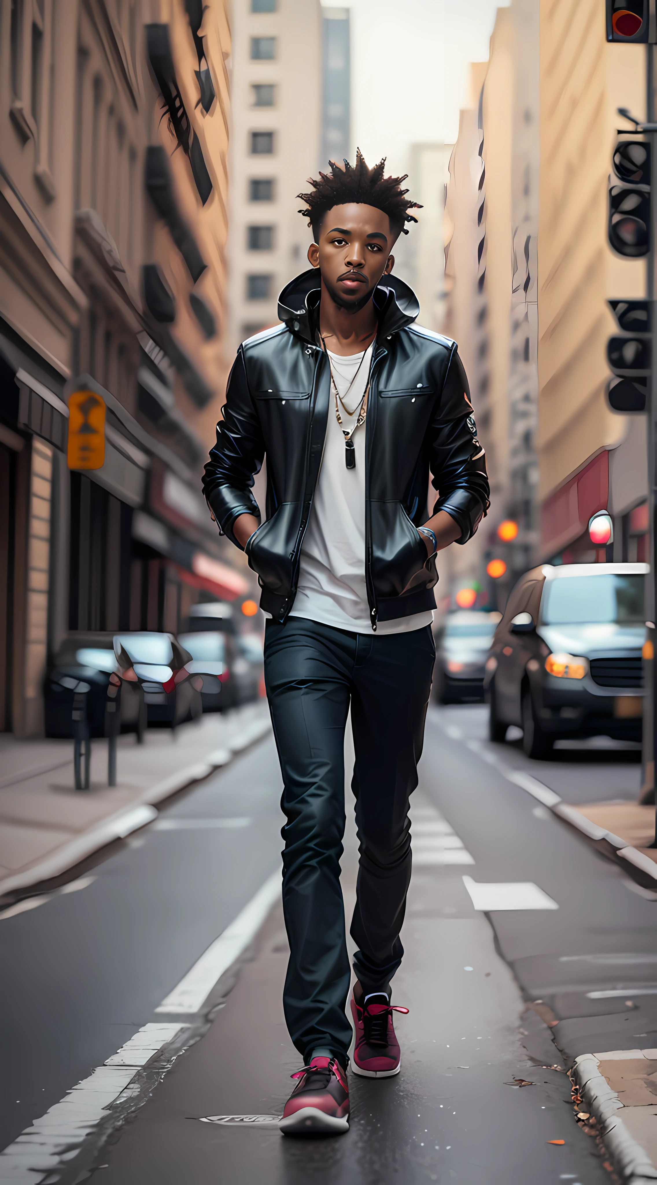 Un tres bel homme black marche avec assurance dans les rue de new york au petit matin ambiance jazz album hip hop lofi