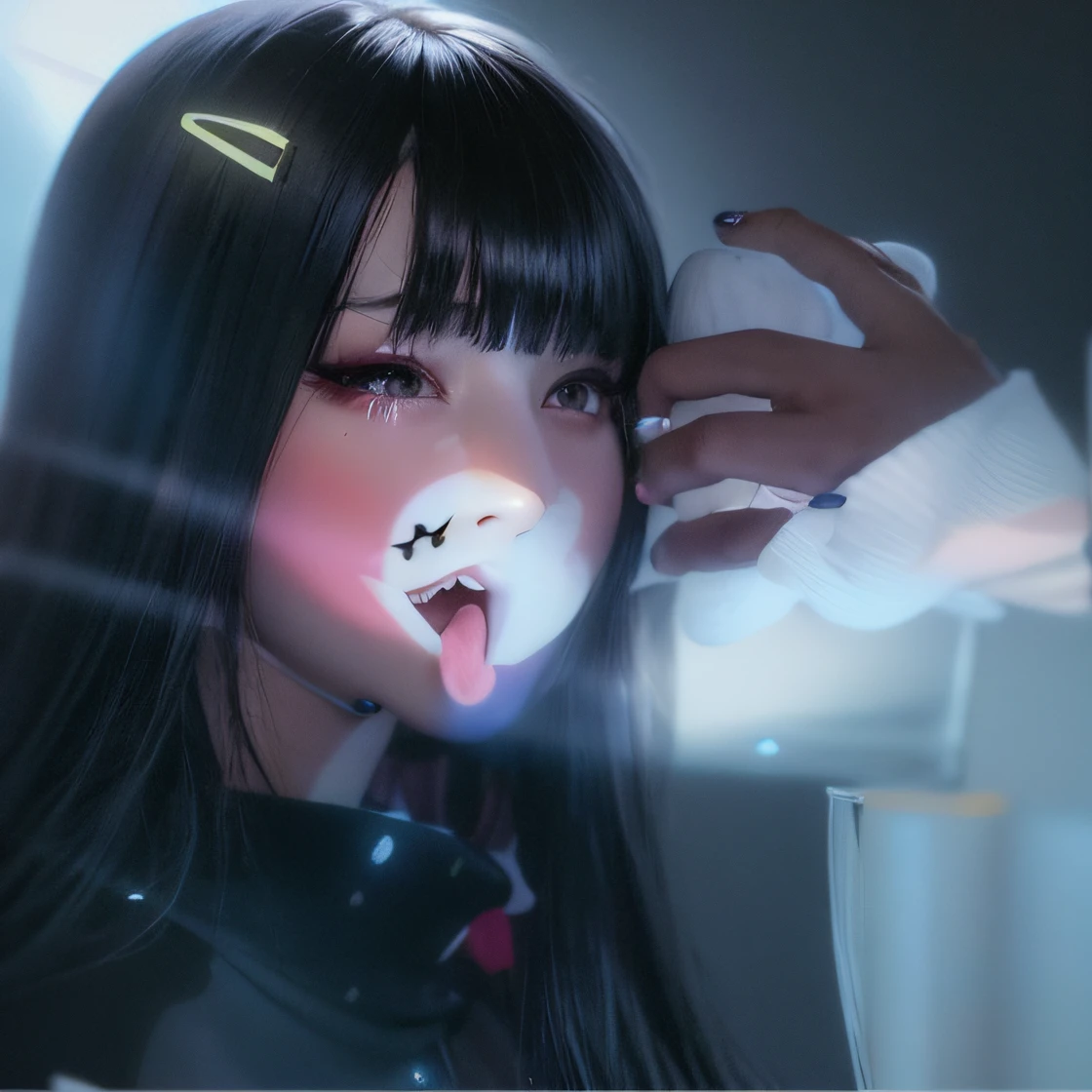 Araffe com um sorriso no rosto tirando uma selfie, cruel korean goth girl, Ela tem cabelo preto com franja, Ulzzang, cara ahegao, kawaii assustador, Shikami, foto de perfil do discord, anime vibes, foto de perfil 1024px, Ruan Vtuber Fofo, ela tem um rosto bonito, cara de pato