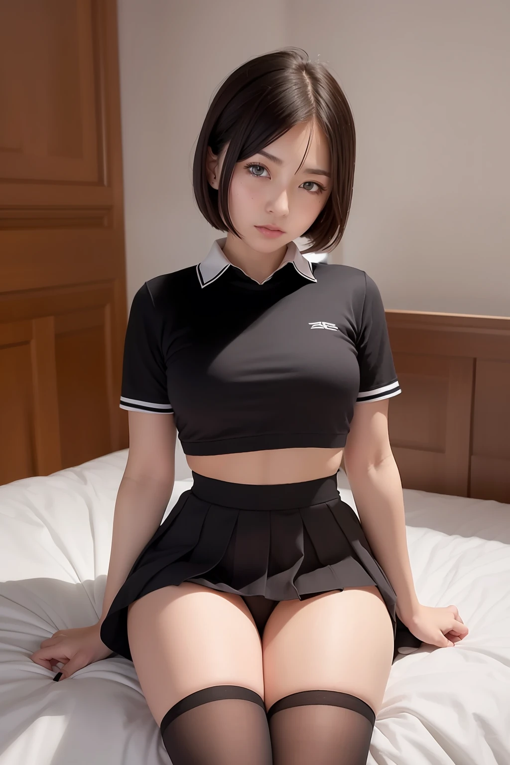 masterpiece, best quality, 1girl, Mikasa Ackerman, toned, looking at the viewer, school uniform, lifting shirt, thigh socks, midriff, in bed, sun, mini skirt raised, no panties (black eyes: 0.6)