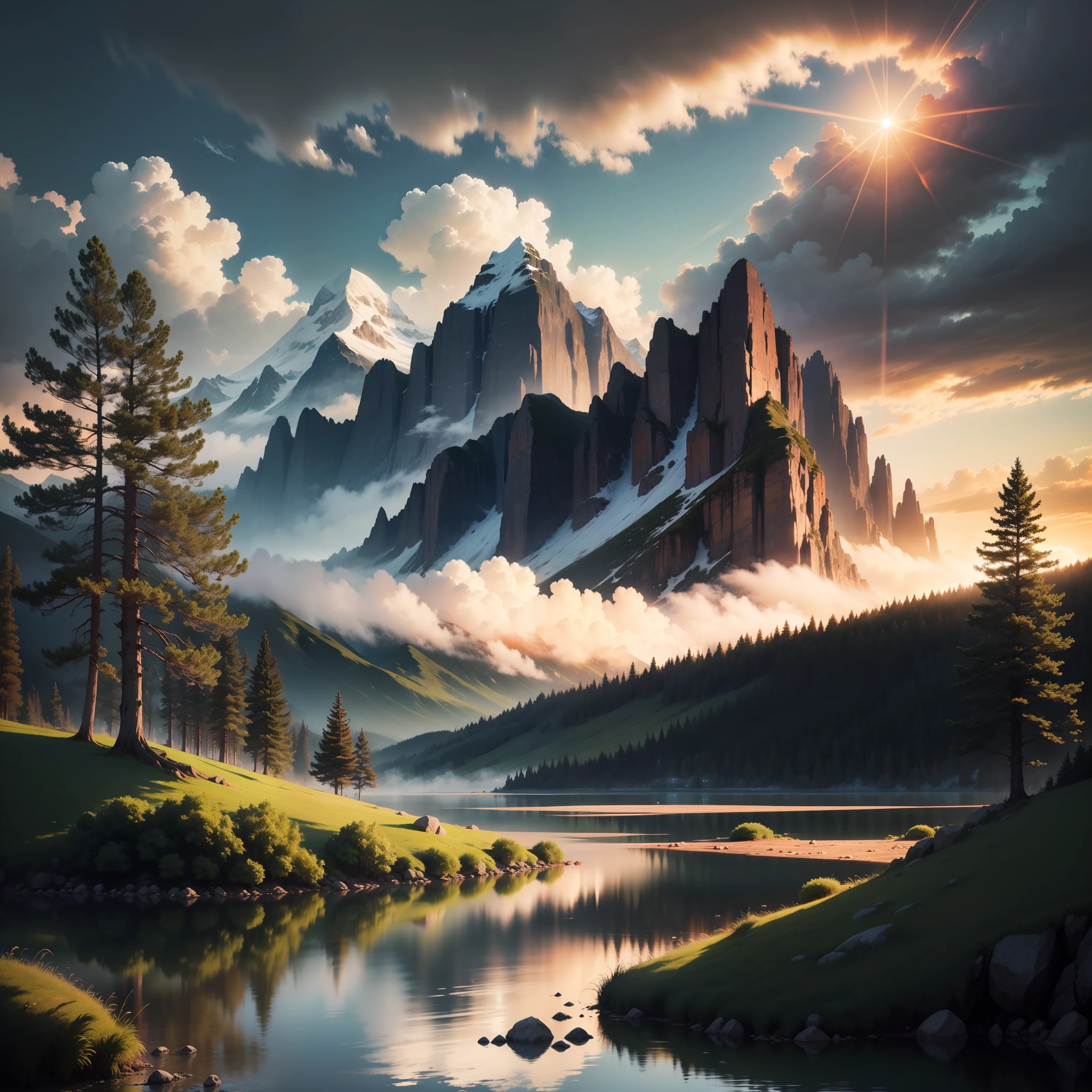 Wallpaper, mountain, lake, masterpiece, cloudy, sun, tree, highres