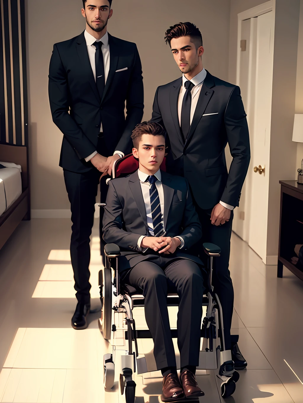 Real Human，Handsome guy in a suit，Both brothers are in wheelchairs，The bed was wide，height is 180 cm，High paraplegia，Loss of sensation from the chest down，Young and handsome，Slim figure，The older brother wears a striped suit，The younger brother wears a casual suit