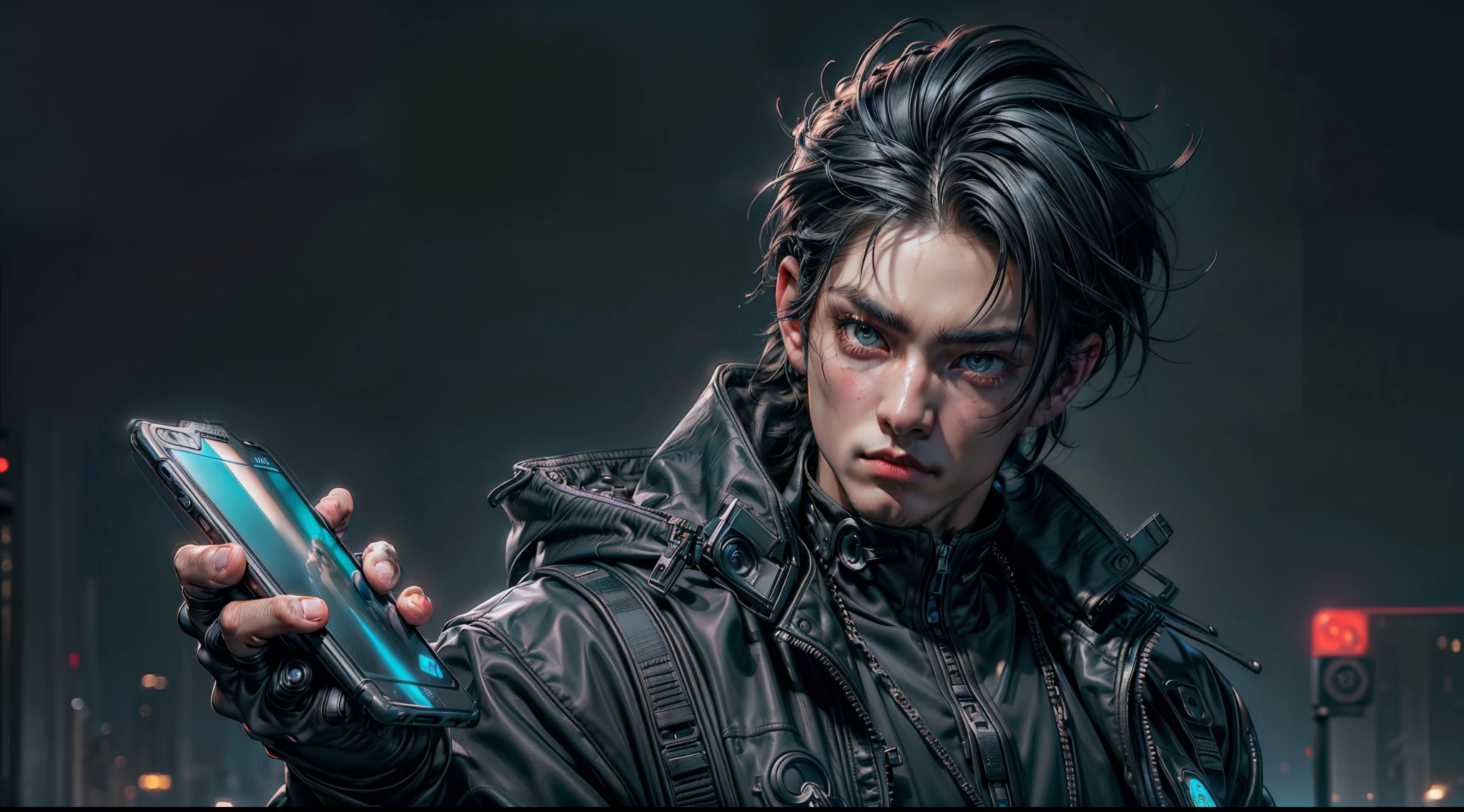((top-quality))、((masterpiece))、((realisitic))Ultra-detailed photo of the upper body of one nerdy boy with goth and neon colors。He((Dark hair holding a big smartphone in hand)、Fingers are delicate、Smartphones are delicate、Wild Handsome Boys、Wearing a techwear jacket、It exudes an atmosphere((Beautifully Aesthetic))、wild、Hot