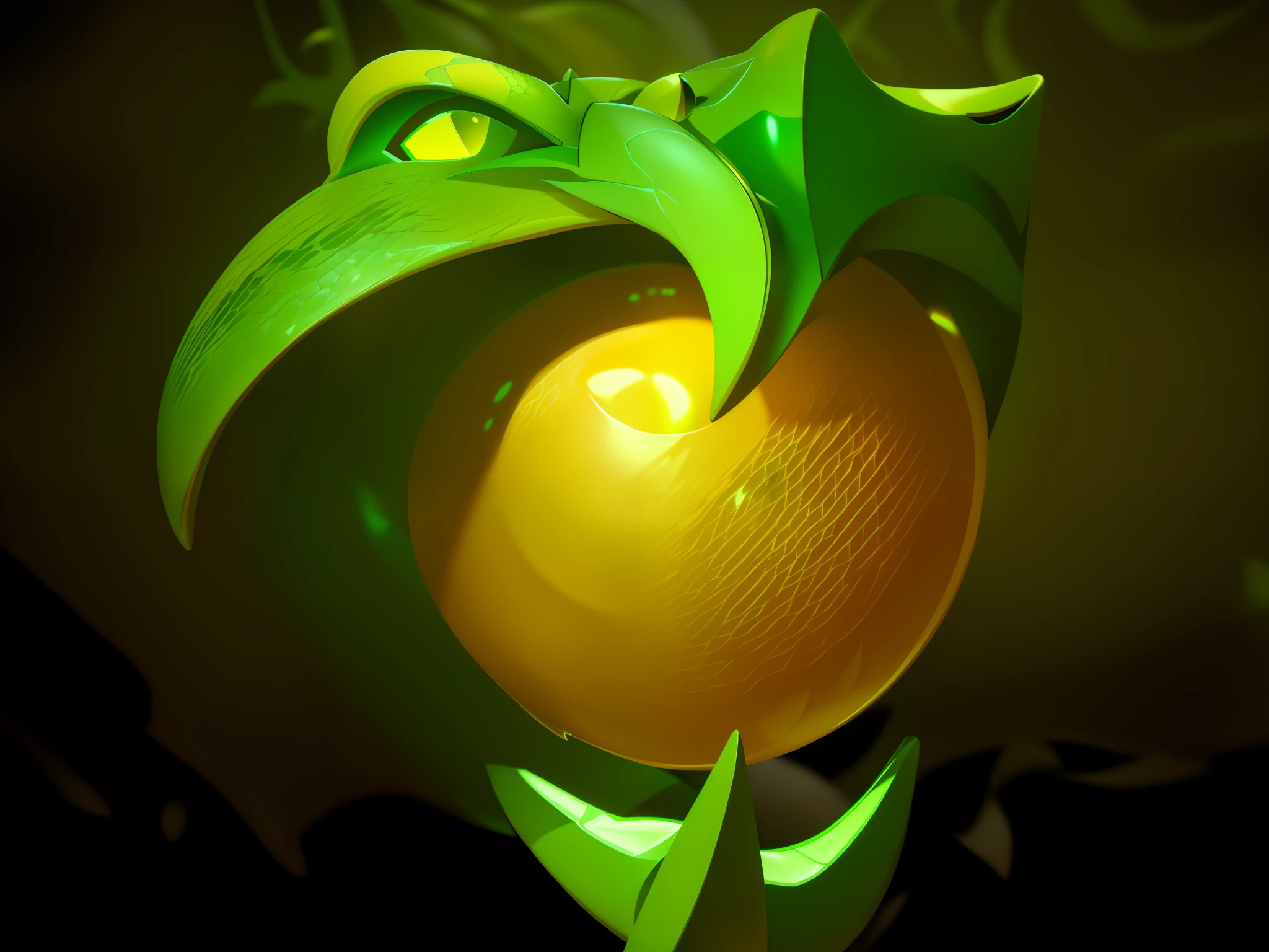 A close-up of a green snake head,The snake head has 4 fangs,The snake's mouth contains golden balls,The eyes of the viper are golden yellow rendering art, smooth light shading, Stylized 3 D, stylized shading, 3 d render stylized, smooth shading, stylized as a 3d render, Stylized art, melting into lilligant, gold green creature, stylized 3d render, stylized pbr