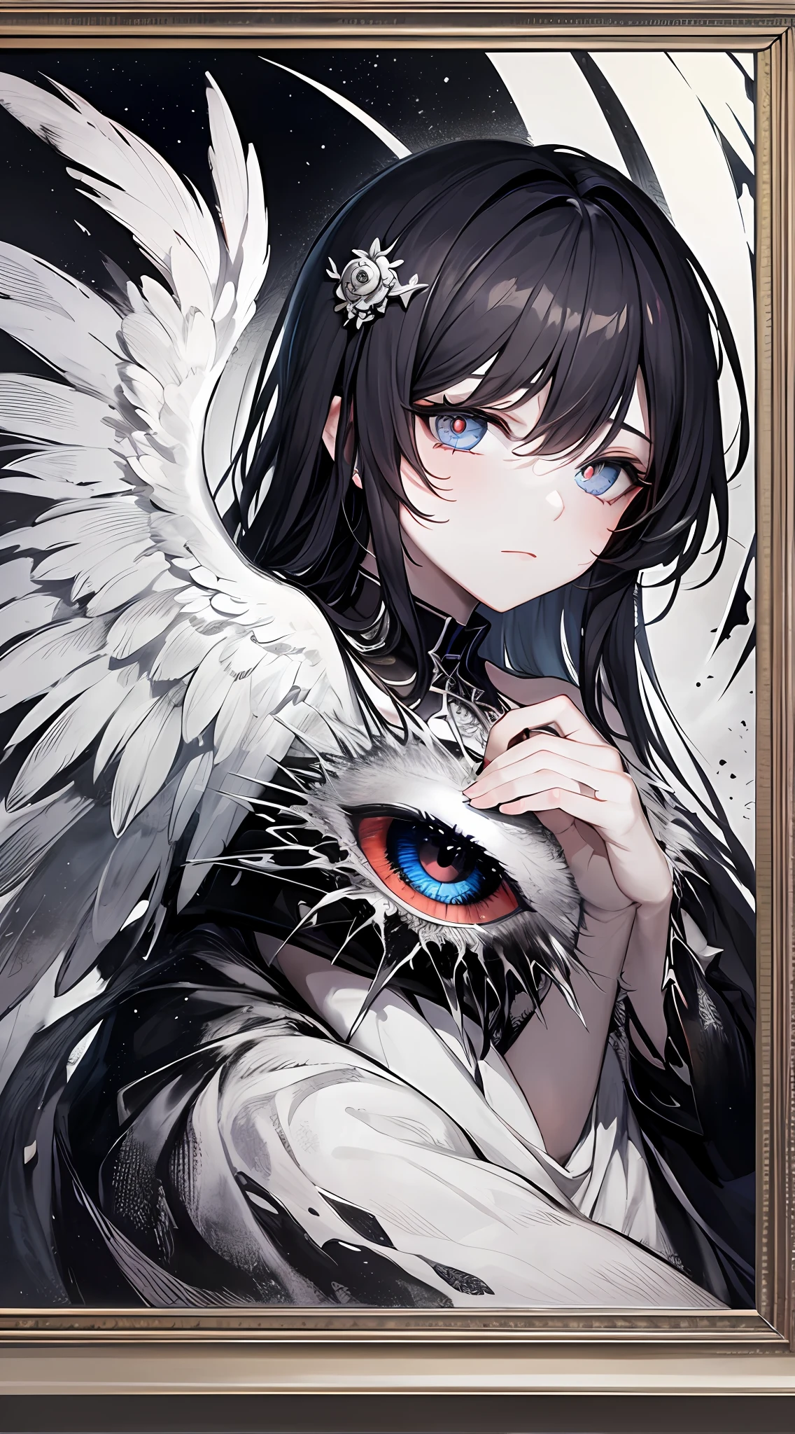tmasterpiece,Portrait of an angel in prayer,Evil countenance,Three eyes,eye closeds,Black and white wings,A frame eroded by darkness and light