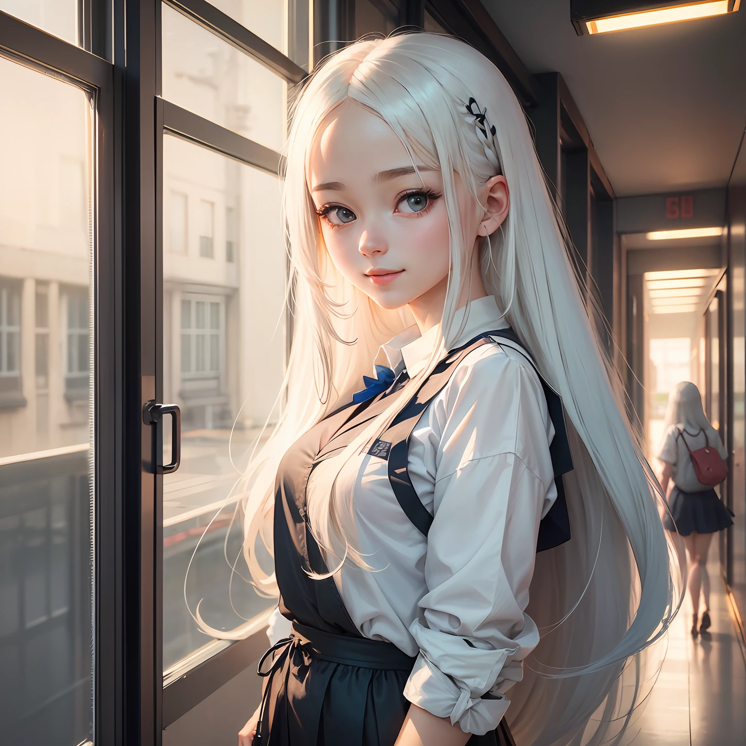 best qualtiy， tmasterpiece， 超高分辨率， （realisticlying：1.5）， RAW photogr， 1girll， In the corridor of the school building， deep shading， low tune， warm lights，Messy hair, grin，Danfeng Eyes，school ground，校服，The upper part of the body，high qulity，pure and cute，Realistic anime art style, realistic anime artstyle, with long white hair, realistic anime style at pixiv, Realistic young anime girl, Guviz-style artwork, Perfect white haired girl，Close to real people --auto