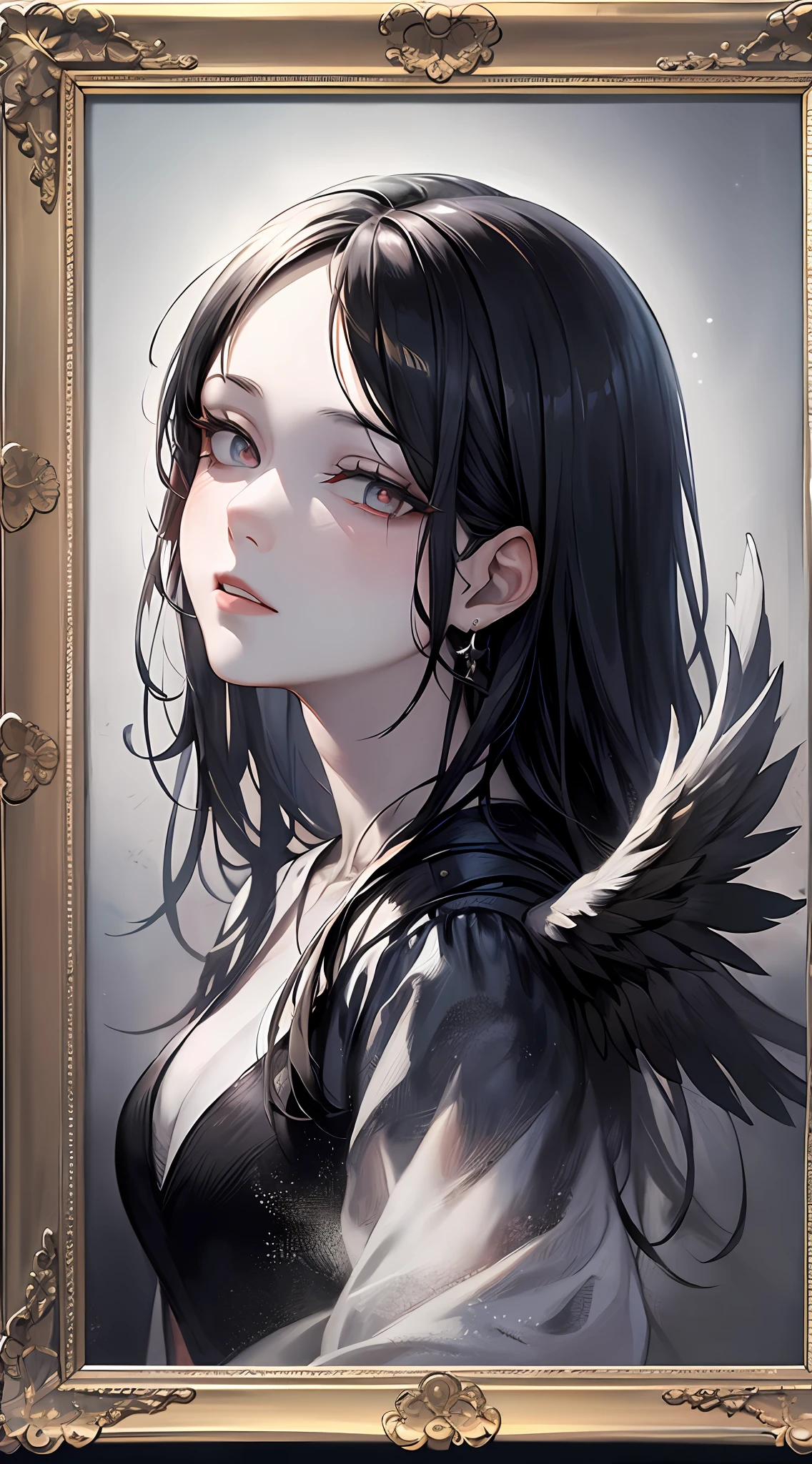 tmasterpiece,Portrait of an angel in prayer,Evil countenance,Three eyes,eye closeds,Black and white wings,A frame eroded by darkness and light