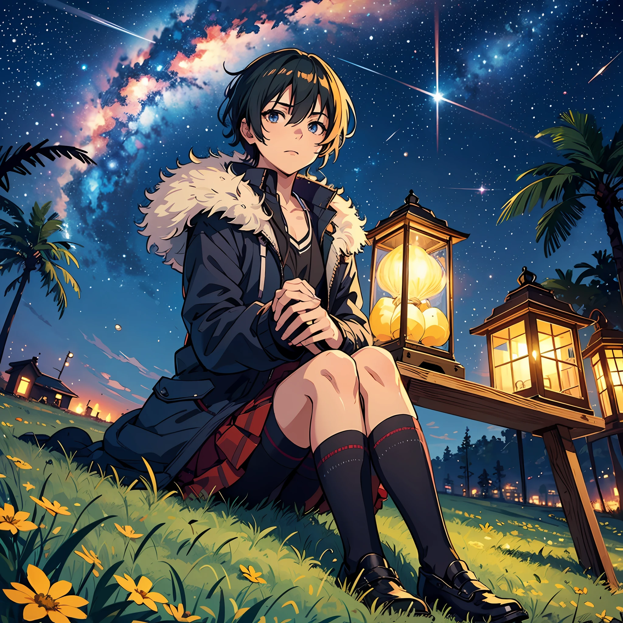 An anime guy, sitting down on grass, stargazing into night sky, full of star, firefly, masterpiece, 4k hd, highly detailed --auto