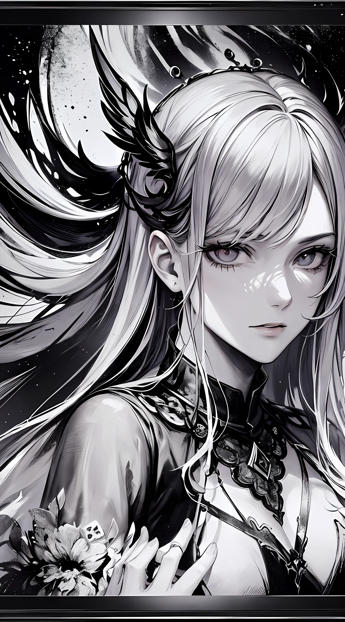 tmasterpiece，Portrait of an angel in prayer，Evil countenance，Three eyes，eye closeds，Black and white wings，A frame eroded by darkness and light