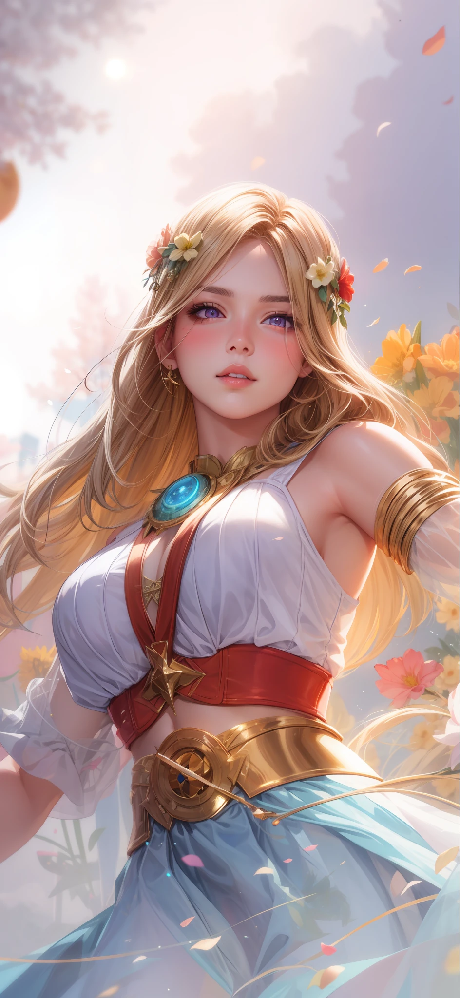realistic, 1girl, blonde hair, purple eyes, glowing eyes, crop top, skirt, parted lips, blush, night, flowers, sun, sunlight,