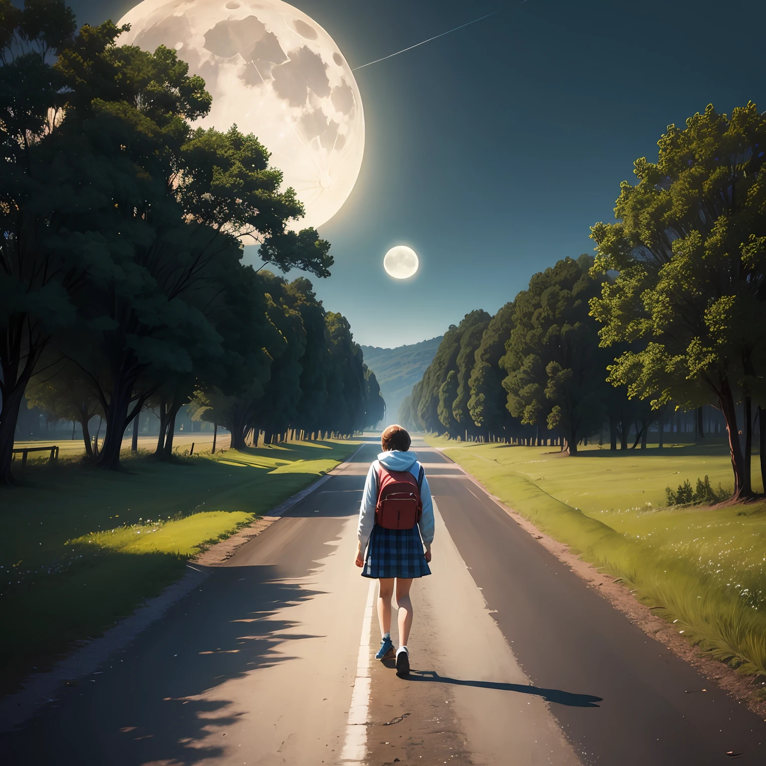 Bright moon idyllic lonely teenager Walking on a country road --auto