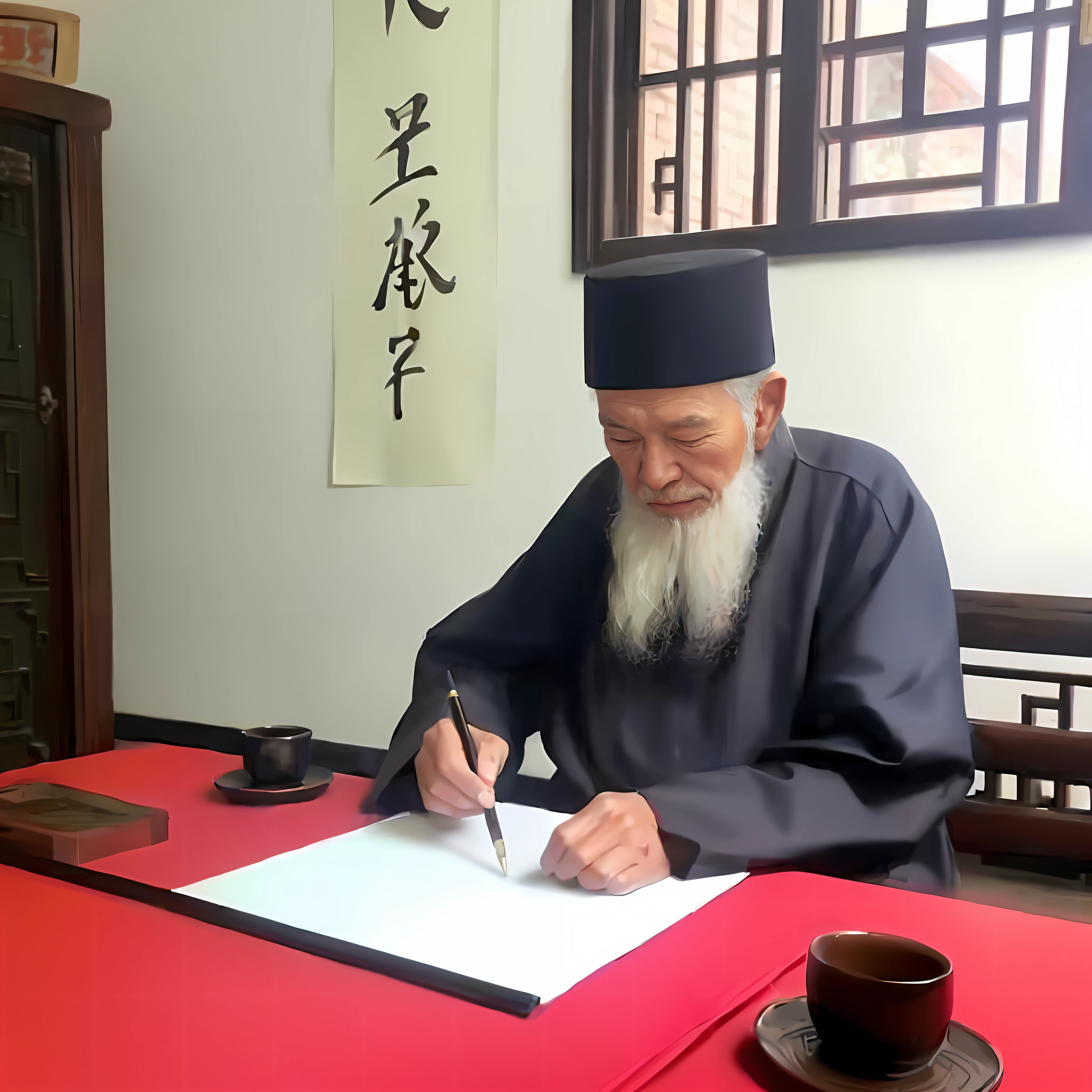 Alphad in a black hat writes brush writing on a piece of paper He was about 80 years old, Taoist, A pair of calligraphy hangs on the back wall,on the desktop,There are 3 yellowed books,inspired by Emperor Huizong of Song, inspired by Wu Daozi, inspired by Li Shixing, chinese artist, inspired by Xuande Emperor, inspired by Zhang Shunzi, he is about 7 0 years old。