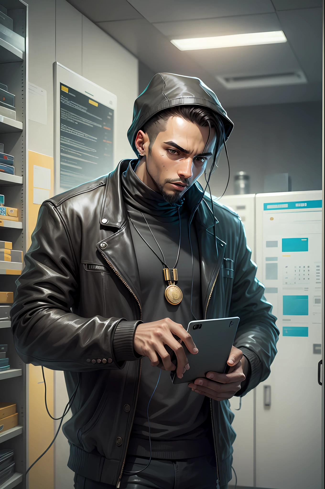 crie um hacker homem negro, in a room full of electronic devices, usando colar de bitcoin --auto --s2