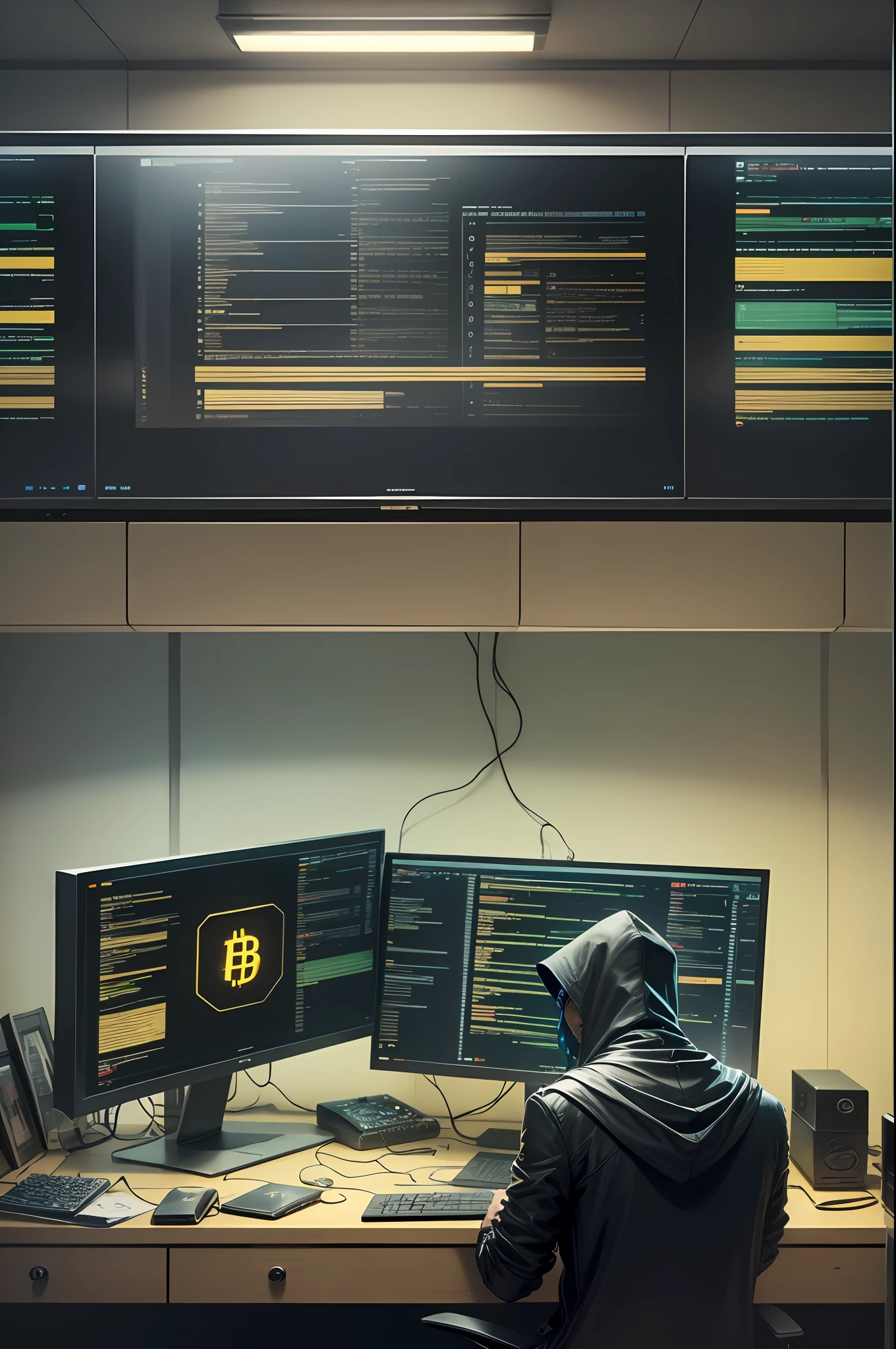 crie um hacker homem negro, in a room full of electronic devices, usando colar de bitcoin --auto --s2