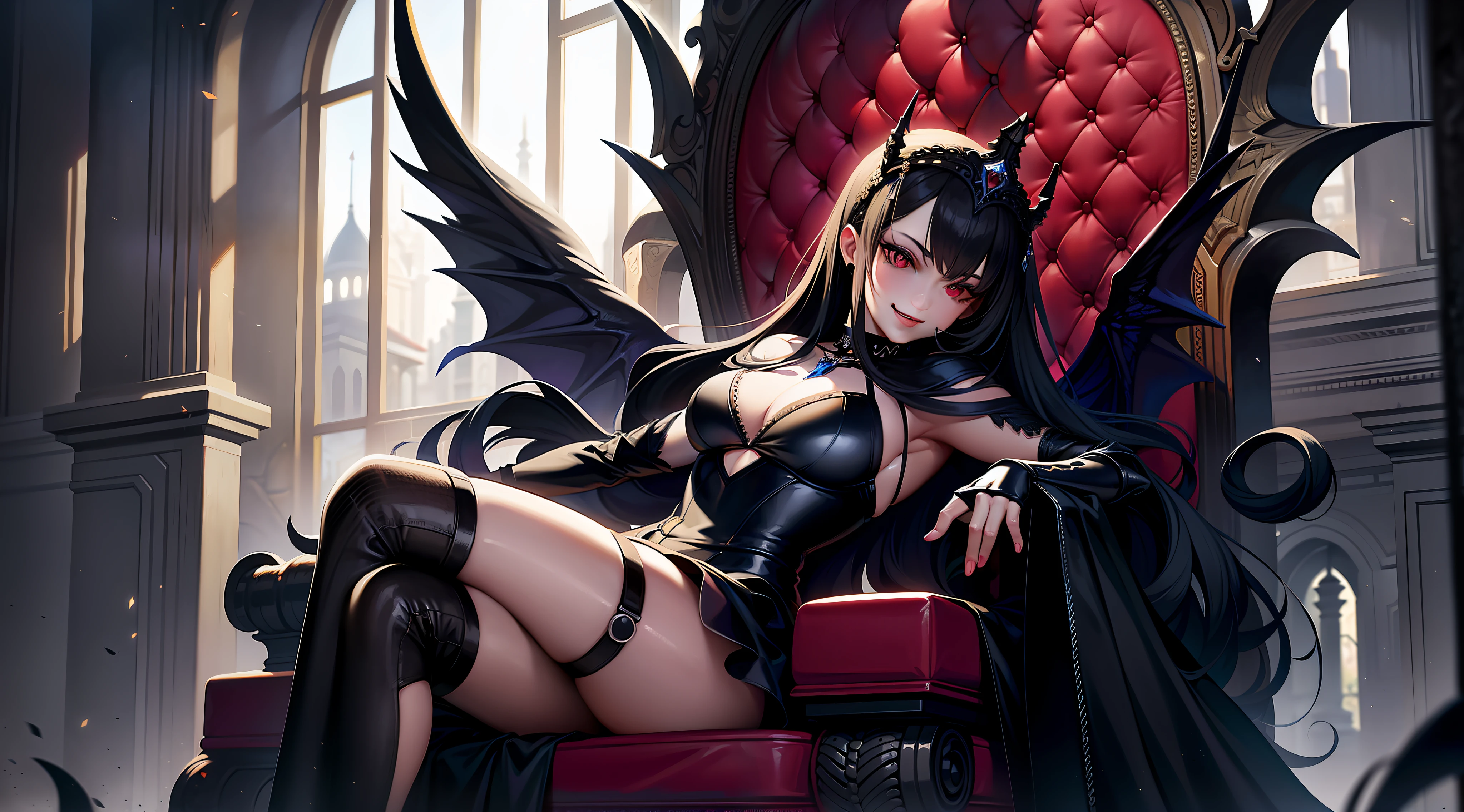 8K raw photo, Best quality, masterpiece, ultra high res,colorful,(photorealistic:1.4),raw photo, neonlight\(ttp\),1girl,solo,(perfect body shape),evil and beautiful, playful, smile, red eyes, (blood), dynamic angle, lying on throne, mystical, fanatic, intricate, surreal, delicate, wearing armored gothic dress,cinematic lighting, perfect face