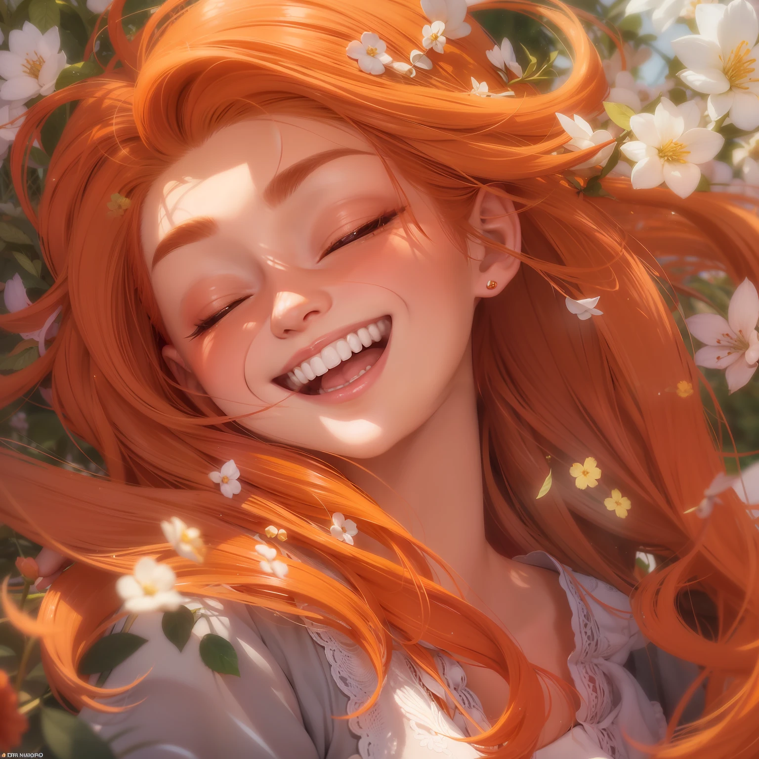 a close up of a person with red hair, smiling!! fantasy, background image, discord profile picture, she is in pure bliss, orange skin, she expressing joy, deepfake, rapunzel, imaginfx, blossom, anime!!!, uniquely beautiful, emotional release,