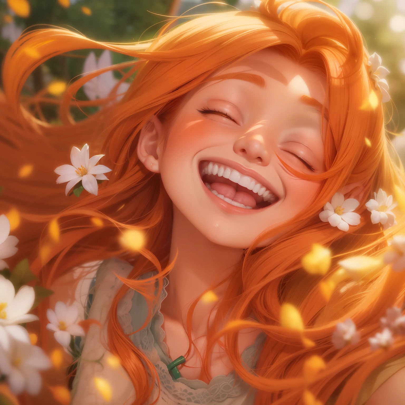 a close up of a person with red hair, smiling!! fantasy, background image, discord profile picture, she is in pure bliss, orange skin, she expressing joy, deepfake, rapunzel, imaginfx, blossom, anime!!!, uniquely beautiful, emotional release,