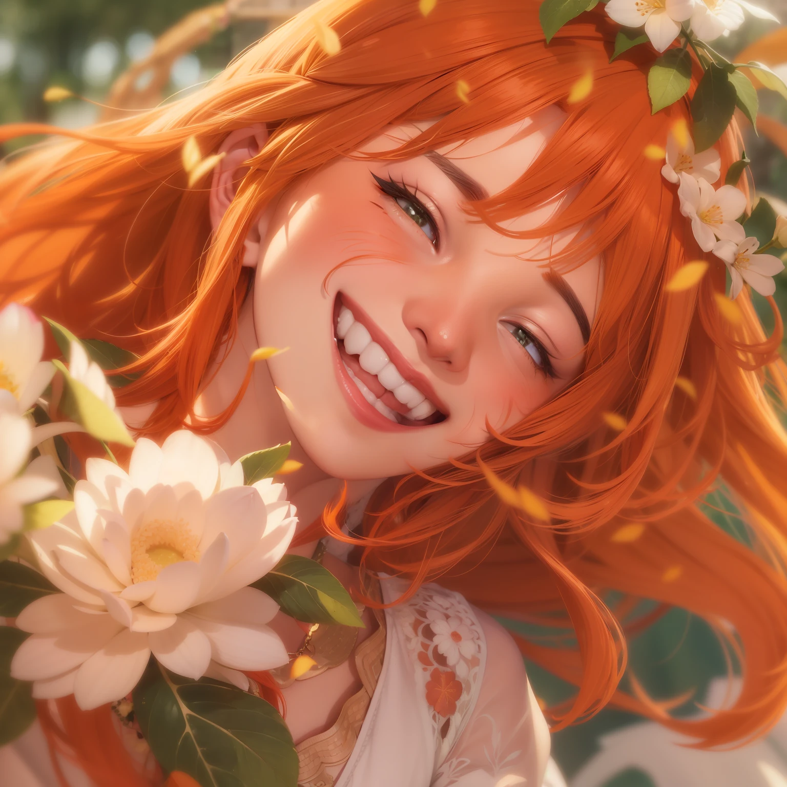 a close up of a person with red hair, smiling!! fantasy, background image, discord profile picture, she is in pure bliss, orange skin, she expressing joy, deepfake, rapunzel, imaginfx, blossom, anime!!!, uniquely beautiful, emotional release,