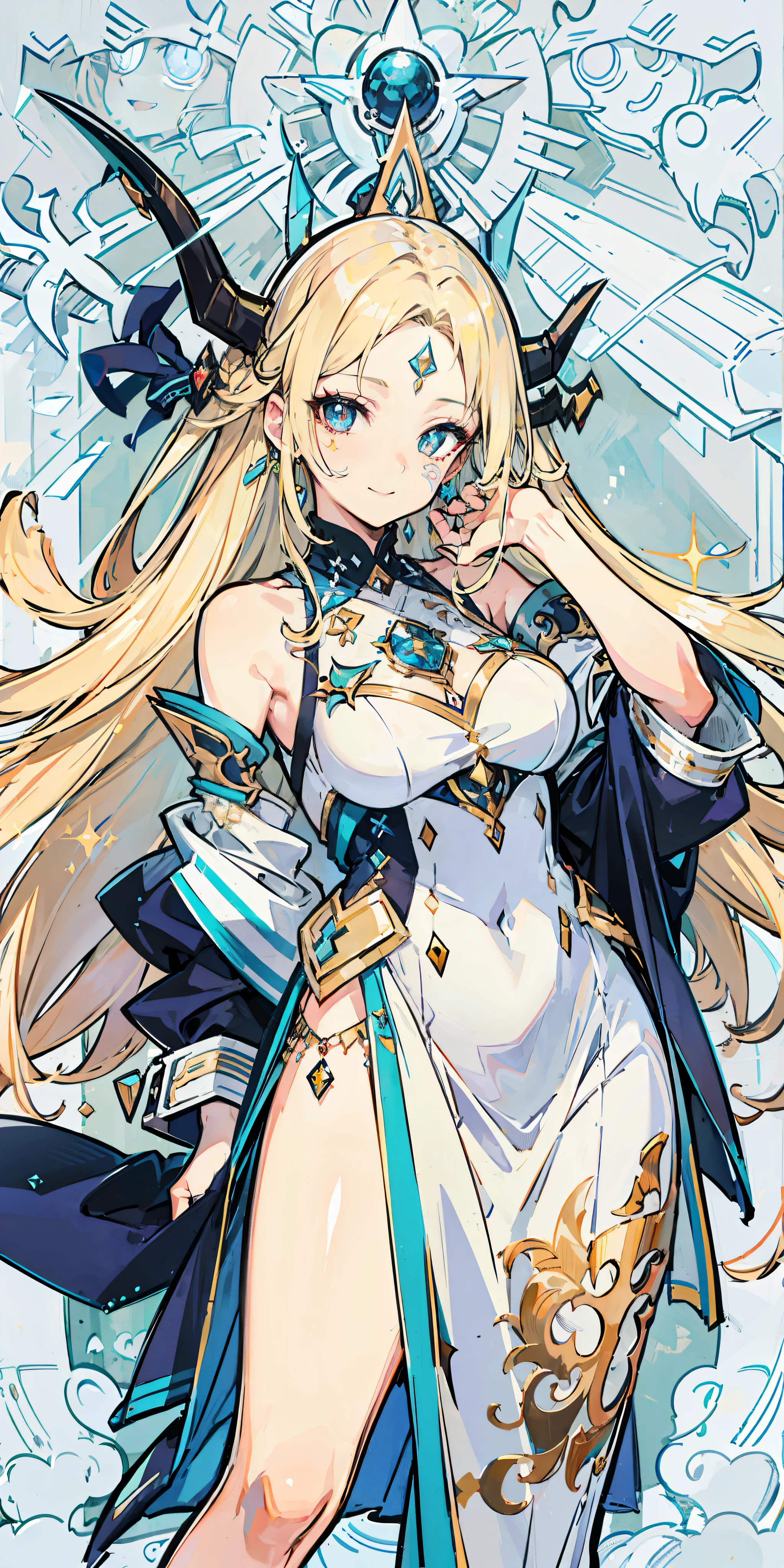 Taurus Guardian，Robust，credibly，Witty and flexible，Blonde hair, style de carte de tarot，（（（1 girl））），venus goddess，Solo，Whole body diagram，hair over shoulders, Long hair, Very long hair, Big hair, Shiny hair, Absurdly long hair, bangs pinned back, hair adornments, jewelry, facepaint, forehead jewel, forehead mark, Glowing eyes, pupils sparkling, wide-eyed, long eyelasher, Smile, Bright pupils, High detail, surrealism, Anime style, Cinematic lighting, god light, Ray tracing, hyper HD, Masterpiece, ccurate, Anatomically correct, Textured skin, Super detail, High details, High quality, Best quality, A high resolution, 16k —v6