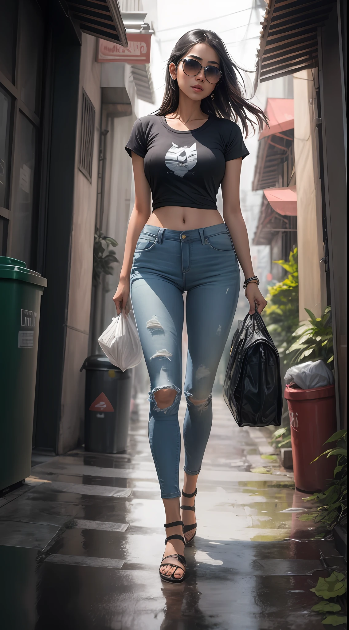 ((masterpiece)), indian beautiful college girl in black basic tee-shirt, full length tee-shirt till waist, tight jeans perfect thighs, perfect , wear sunglasses (best quality), (hi-res CG illustration), (realistic), raw photo, heel's, a woman walking in a quiet alley in the middle of the city, shortly after the rain subsided, the surrounding environment was still very wet, there were garbage cans, parked bicycles, and a cat was seen passing by, di saat sore hari saat sinar matahari berwarna emas gelap, (foto diambil dari sudut pandang bawah dekat dengan tanah), indian 22 year girl, 8k, unity wallpaper, trending on artstation,