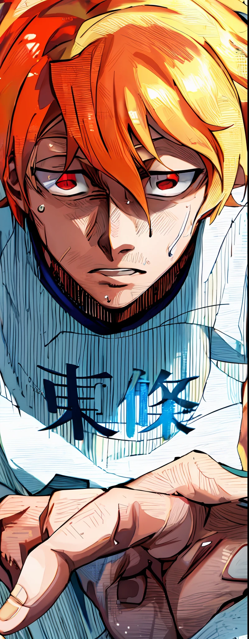 a anime of a man with blonde hair, shocked, red eyes, white shirt, focus, daydream, sweat, sweatdrop, color manga, manga color, color manga, color manga panel, simple background, a white background