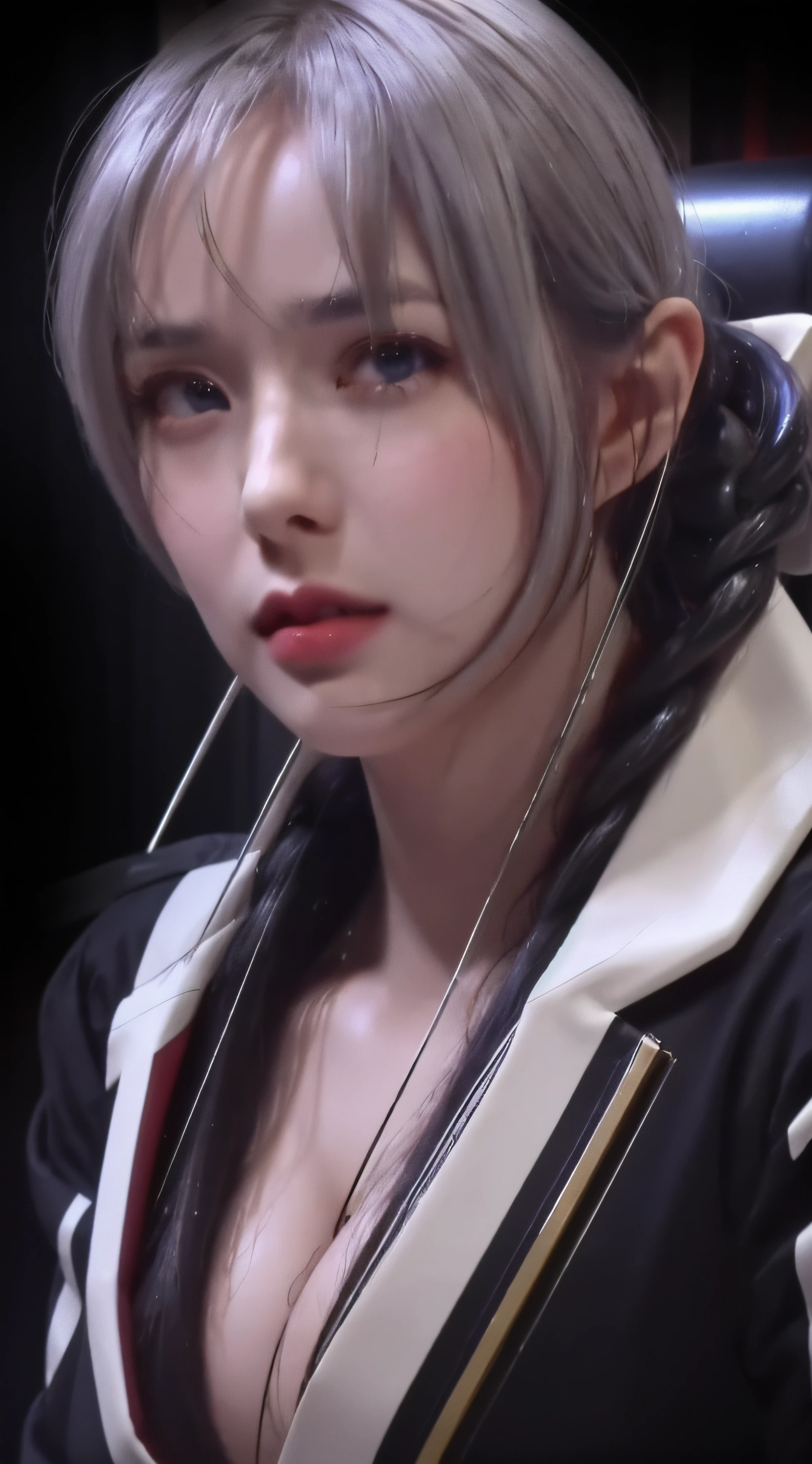 Top Quality, Masterpiece, Ultra High Resolution, (Photorealistic: 1.4), Raw Photo, 1 Girl, White Hair, Glossy Skin, 1 Mechanical Girl, (Ultra Realistic Details)), Portrait, Global Illumination, Shadows, Octane Rendering, 8K, Ultra Sharp, Big, Cleavage Exposed Raw Skin, Metal, Intricate Ornament Details, Cold Color, Egyptian details, very intricate details, realistic light, CGSoation trend, purple eyes, glowing eyes, facing the camera, neon details, mechanical limbs, blood vessels connected to tubes, mechanical vertebrae attached to the back, mechanical cervical attachment to the neck, sitting, wires and cables connecting to the head, evangelion, small LED lamp,