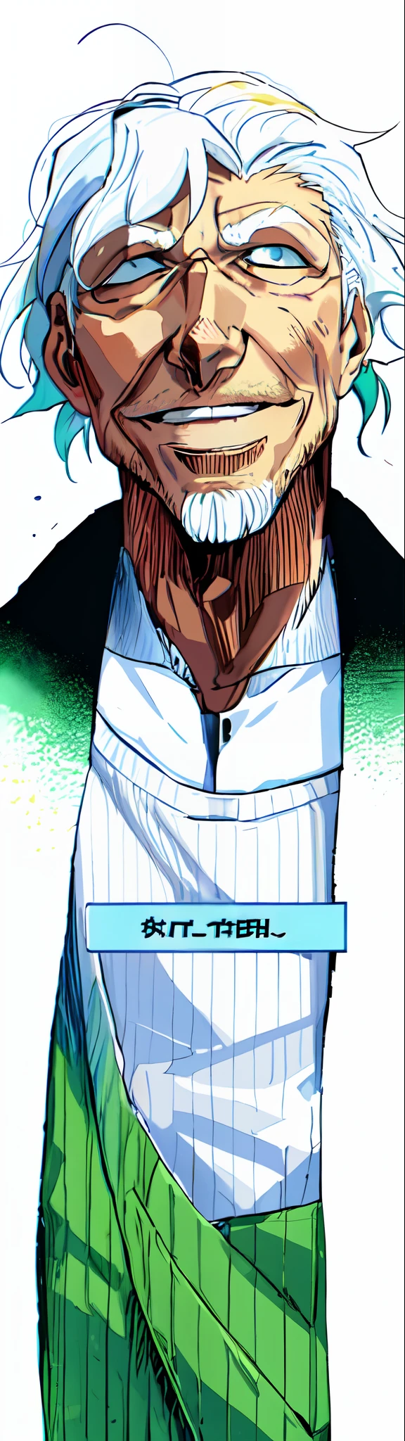 old man, jacket, smile, white eyes, white hair, jacket, shirt, color, color manga, manga color, color manga, color manga panel, simple background, a white background