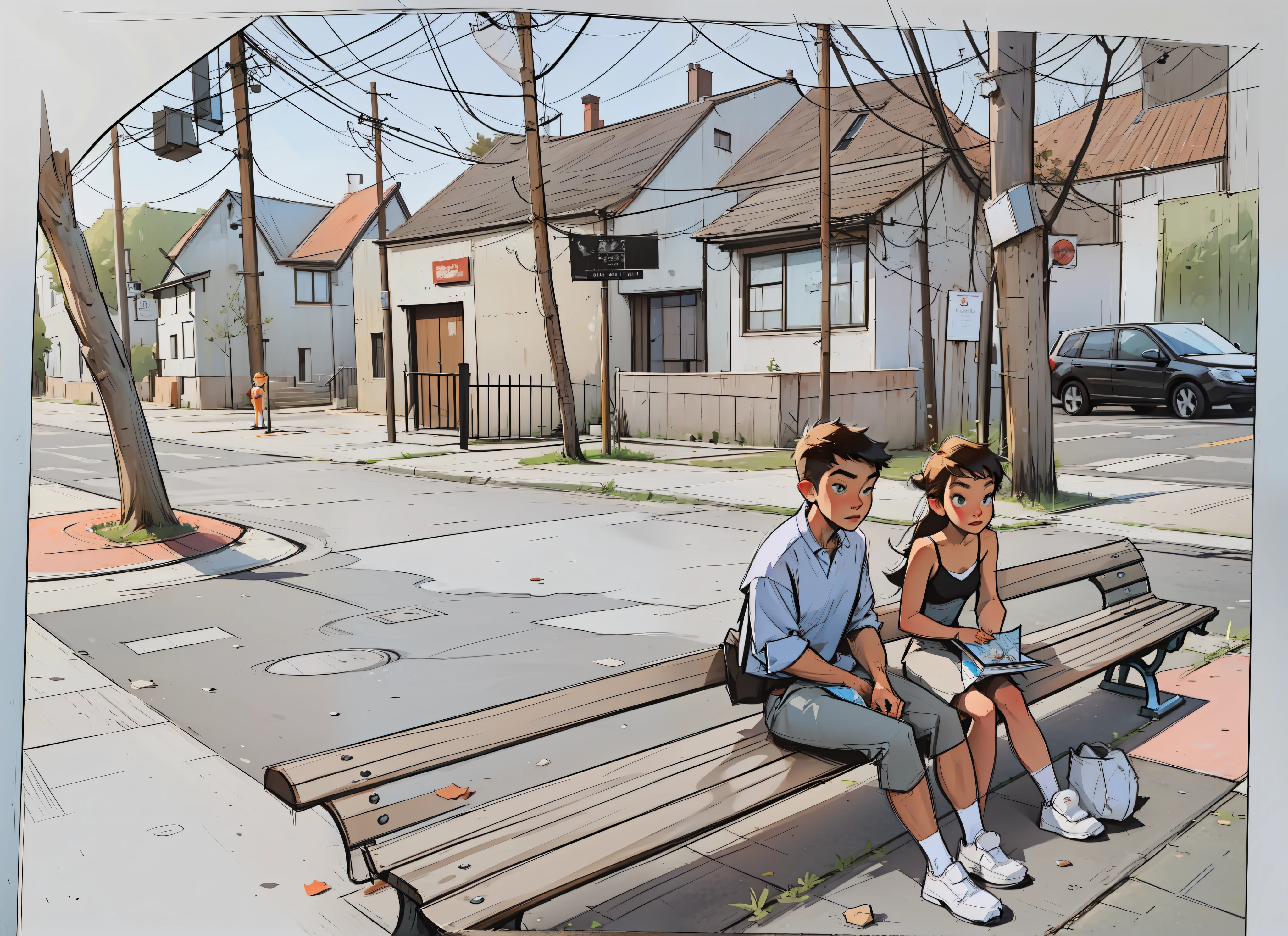sketches of a boy and girl sitting on a bench in a park, comic book style