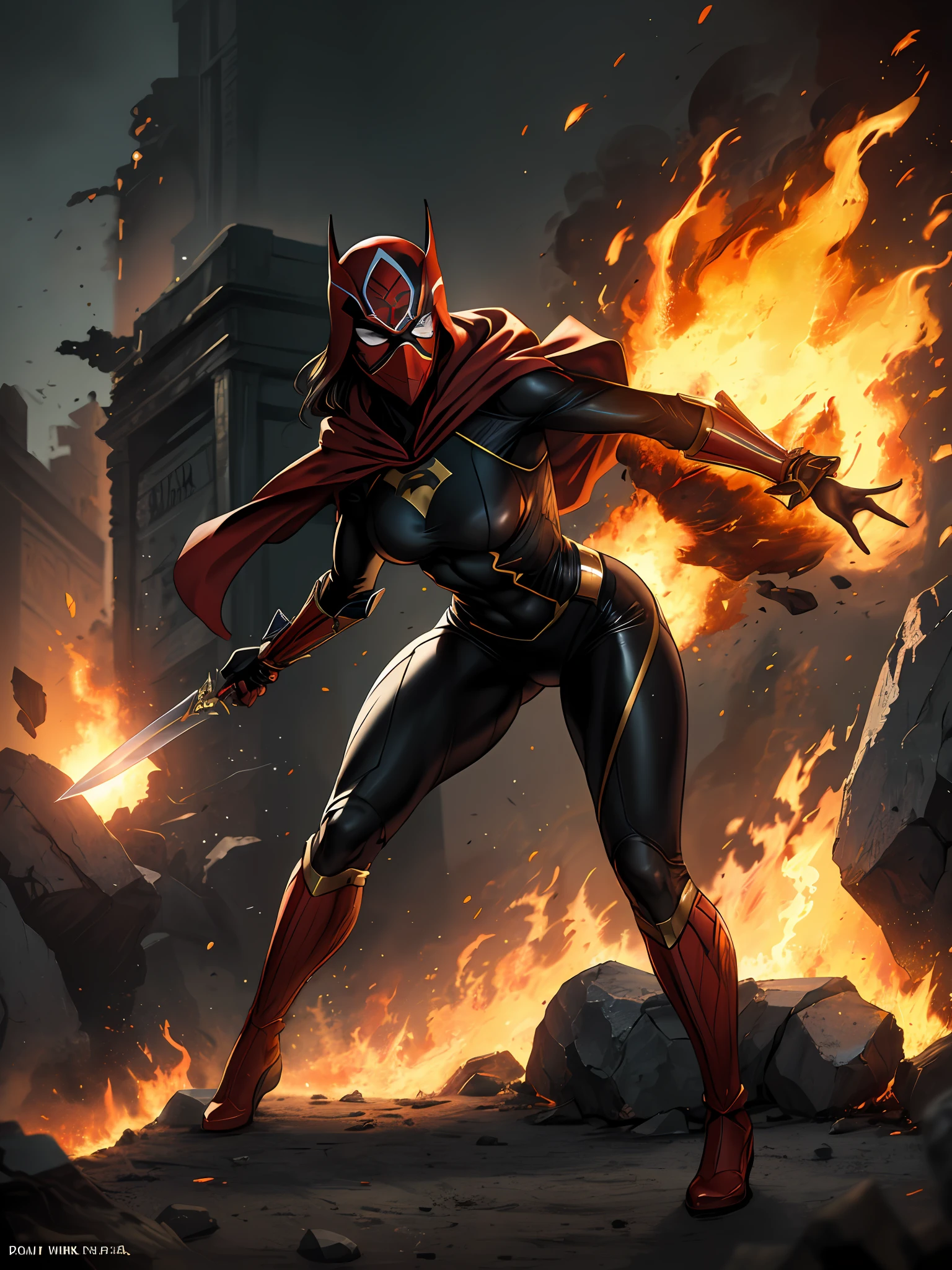 An agile female assassin is crawling to attack its target with her daggers, The assassin has covered her face with a kabuki mask and she is wearing a skin tight dark coloured superhero suit, global illumination DC comics superhero style masterpiece full body render action --no cloak --no extra arms -- no extra fingers explosions and Fire on background, warzone