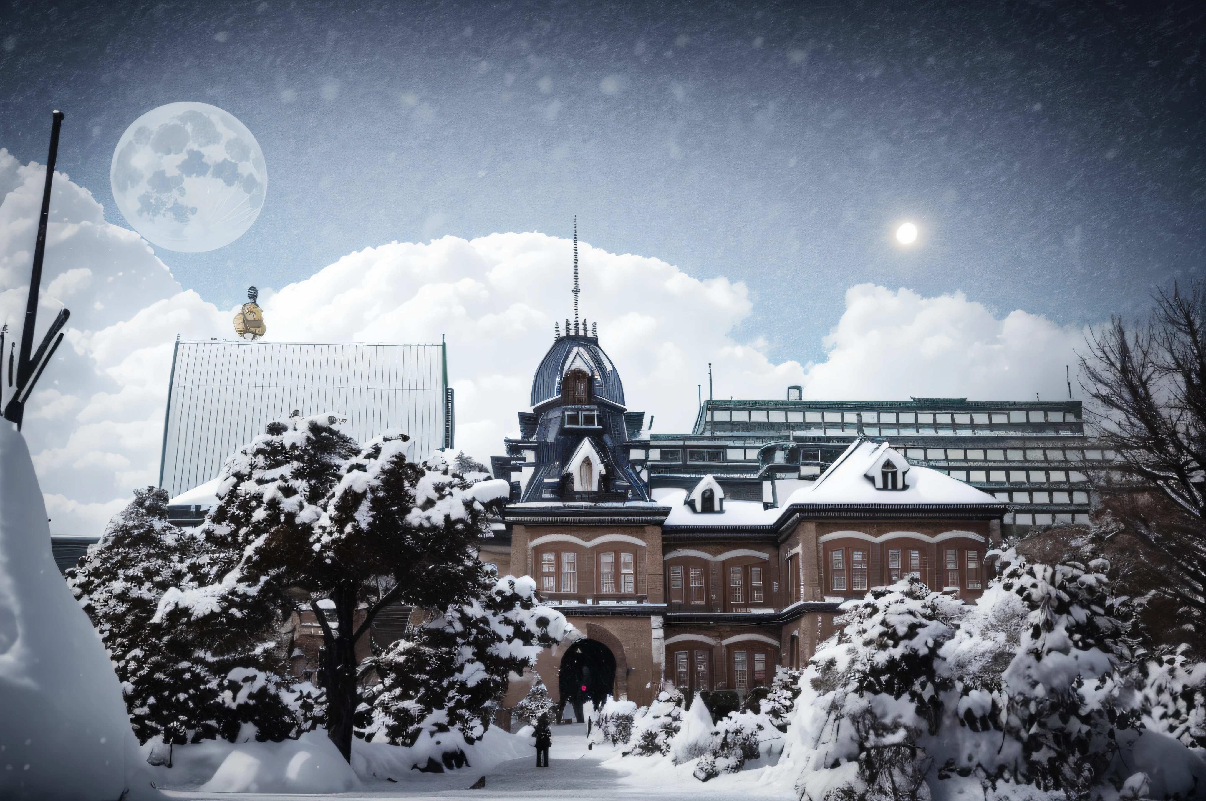 Snow trees and bushes in front of a large building with clock tower, tokyo prefecture, gunma prefecture, kanagawa prefecture, photo taken with sony a7r, Snow, saitama prefecture, japanese high school, february), city snowing with a lot of snow, abomasnow, (Snow), inspired by Miyagawa Chōshun, 1 moon, shutterstock