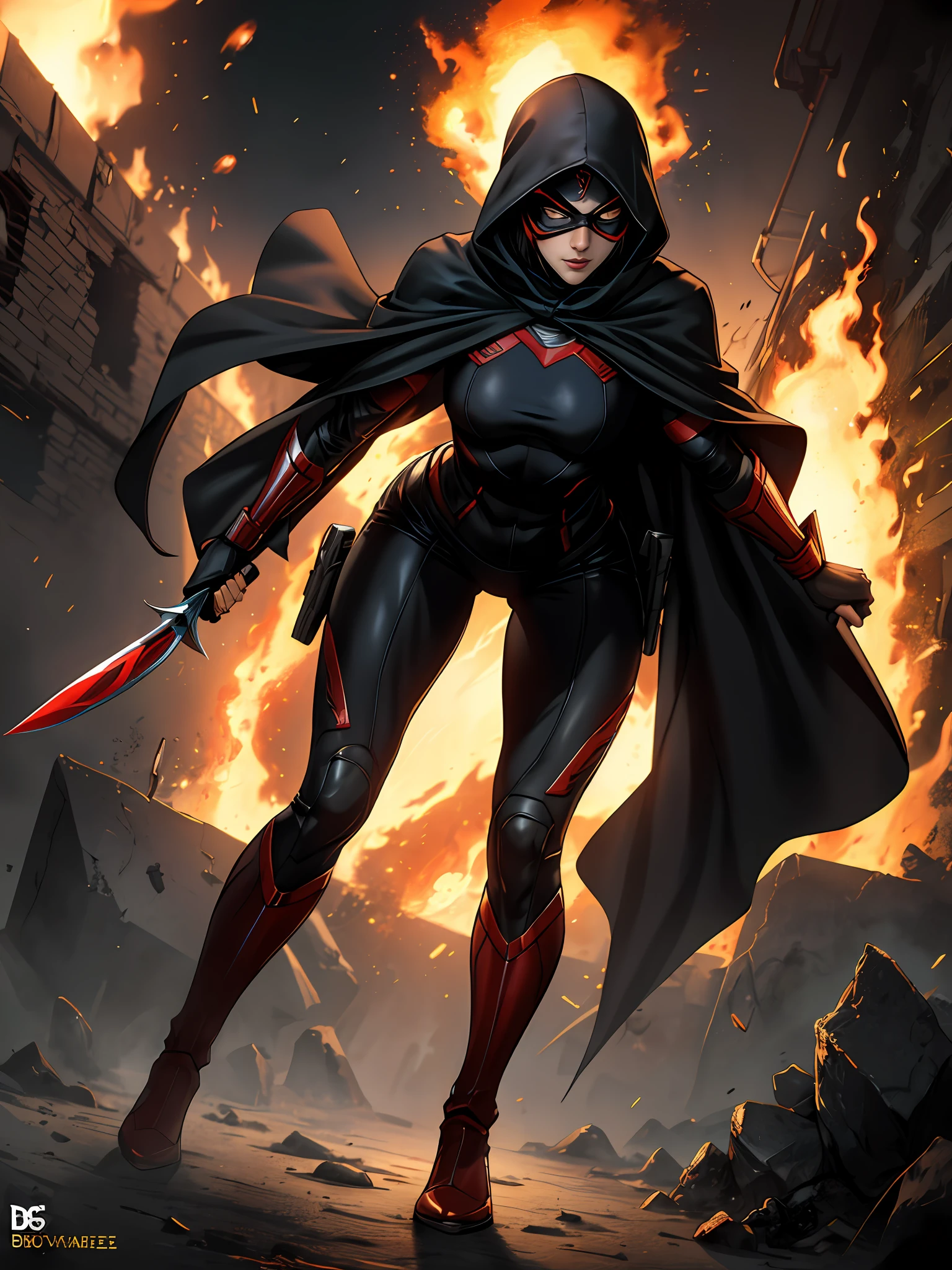 An agile female assassin is crawling to attack its target with her daggers, The assassin has covered her face with a kabuki mask and she is wearing a skin tight dark coloured superhero suit, global illumination DC comics superhero style masterpiece full body render action --no cloak --no extra arms -- no extra fingers explosions and Fire on background, warzone