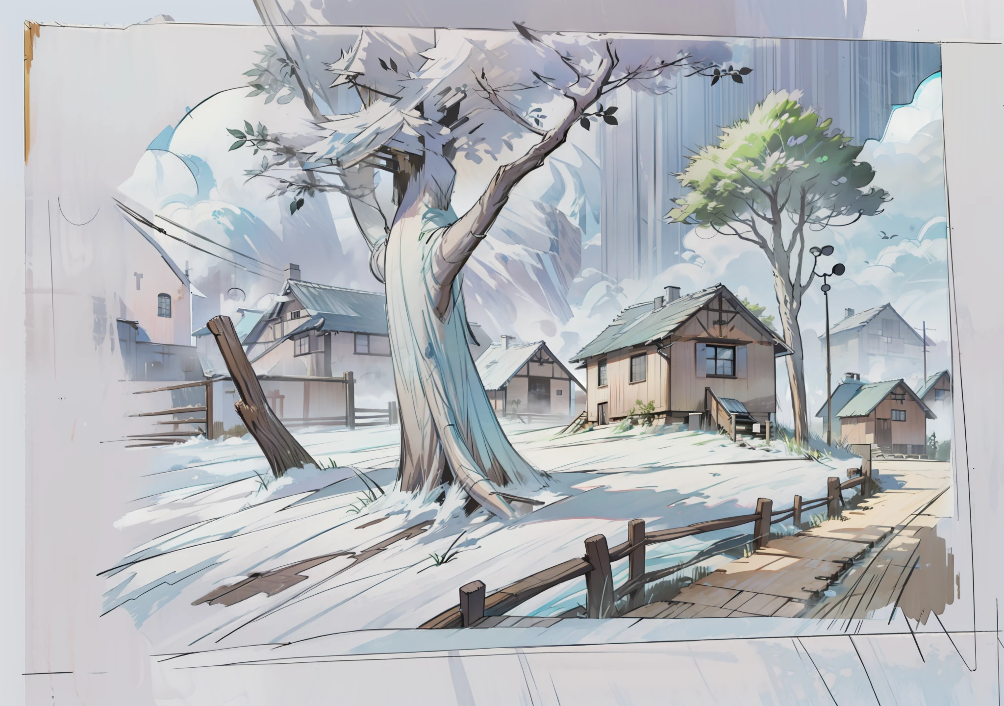 sketches of a house and trees in a field with a fence, cloudy background, comic book style