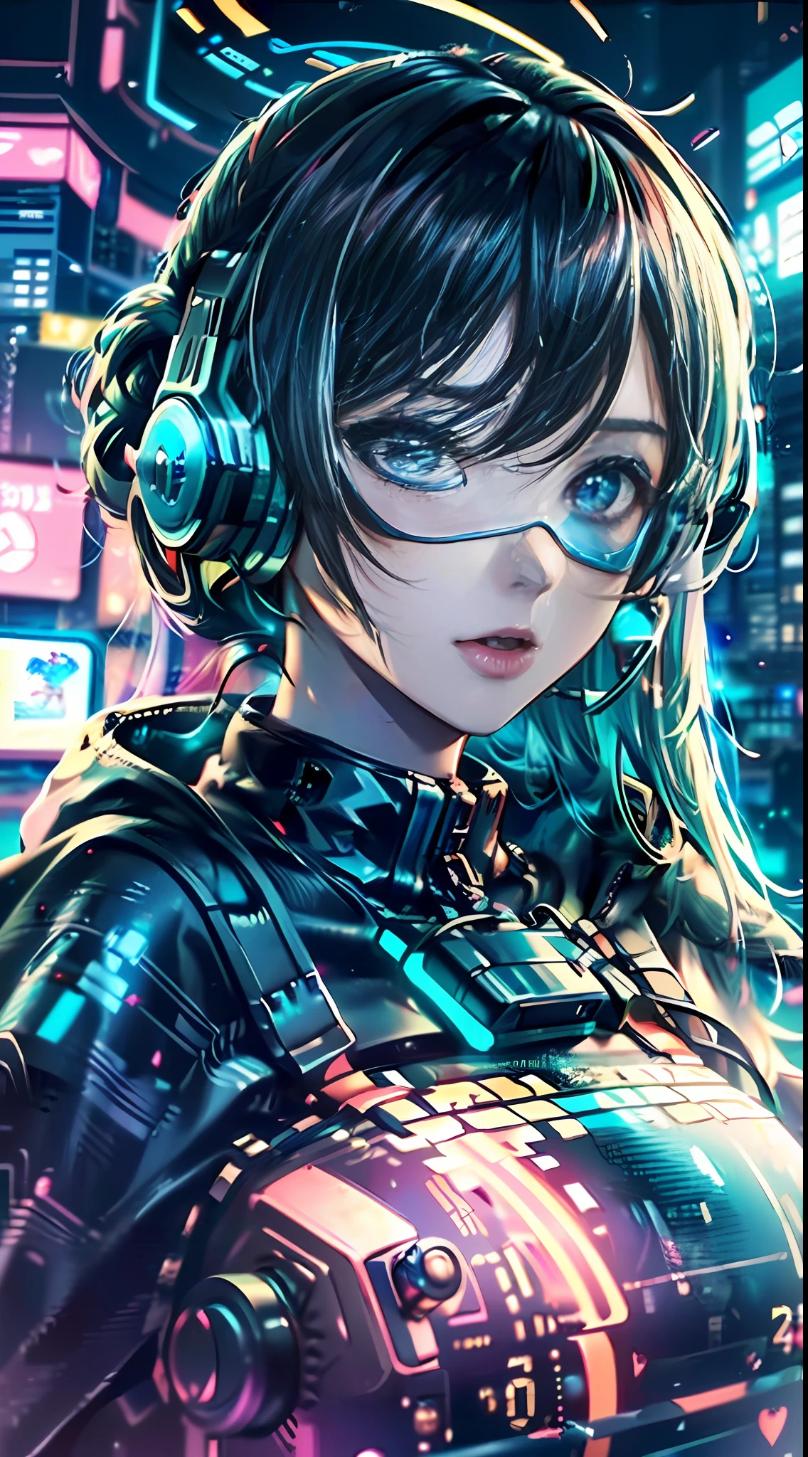 ((Best quality)), ((masterpiece)), (highly detailed:1.3), 3D,NeonNoir, beautiful cyberpunk woman,(wearing head-mounted display that is chunky and hi-tech:1.2),wearing a cape,hacking a computer terminal,PURPLE NEON LIGHT FROM MONITOR, GREEN NEON SIGNS ON THE WALL,