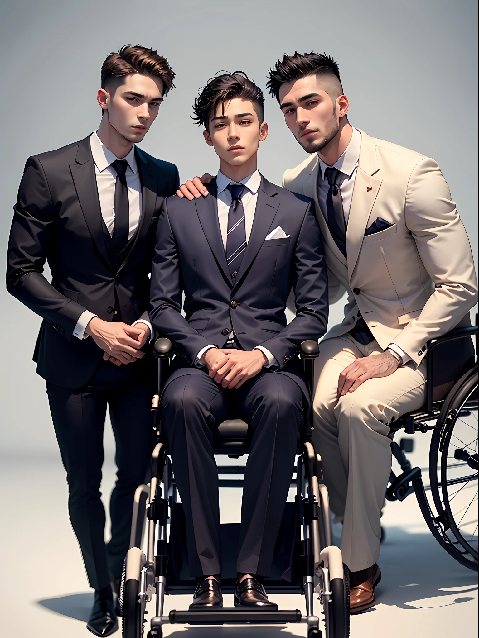 Real Human,Handsome guy in a suit,Both brothers are in wheelchairs,height is 180 cm,High paraplegia,Loss of sensation below the chest,Life cannot take care of itself,Young and handsome,Slim figure,The older brother wears a striped suit,The younger brother wears a casual suit