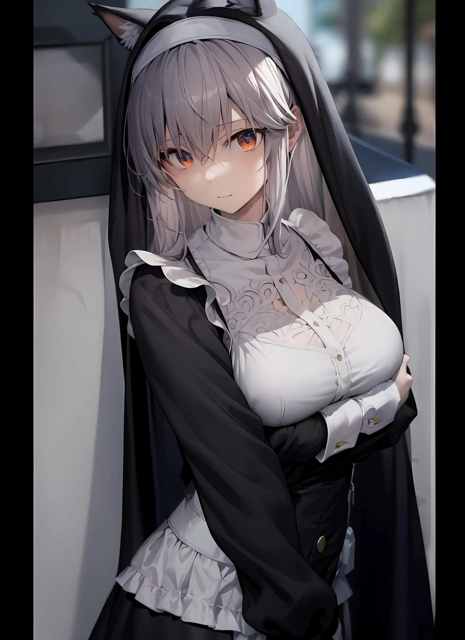 arafed woman in a nun costume posing for a picture, Anime girl cosplay, Anime cosplay, Anime girl in real life, cosplay, nun outfit, cosplay of a catboy! maid! dress, nun fashion model, marisa kirisame, anime girl in a maid costume, ( ( misa amane # ) ), gothic maiden anime girl, hyper realistic anime, rpgmaker,whaite hair,looks into camera,sexy beauty