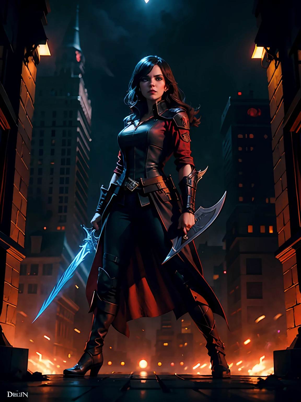person standing in a dark city in the night with three swords, in the style of gail simone, red and black, poster art, duffy sheridan, anna dittmann, movie still, blink-and-you-miss-it detail