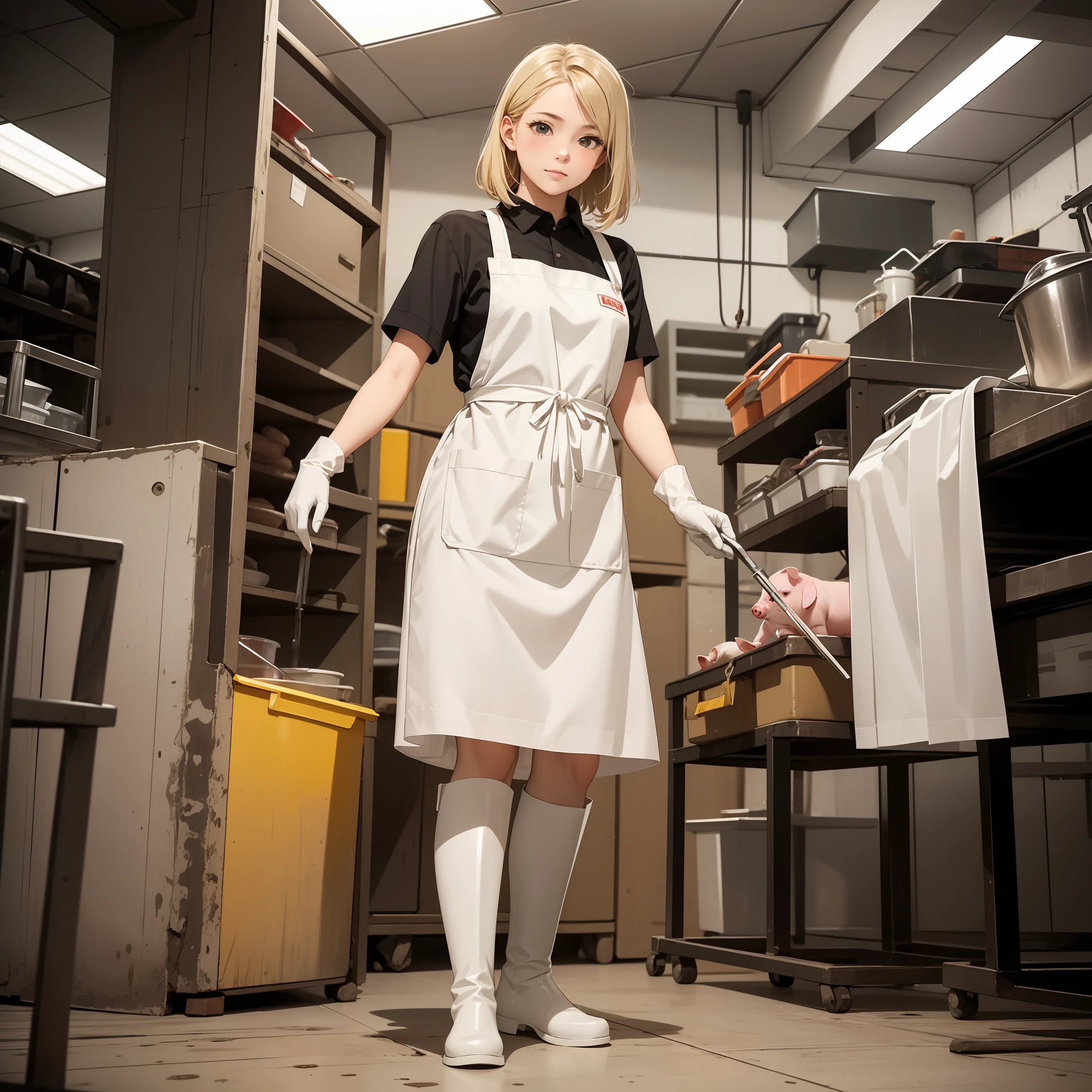 Large-scale livestock farms,Pig to be dissect,Beautiful blonde female worker, Shoulder-length rubber gloves, Rubber Apron, White knee-length rubber boots,Stand and look down, Drawing from below,Stand and look down, Full body view from below,