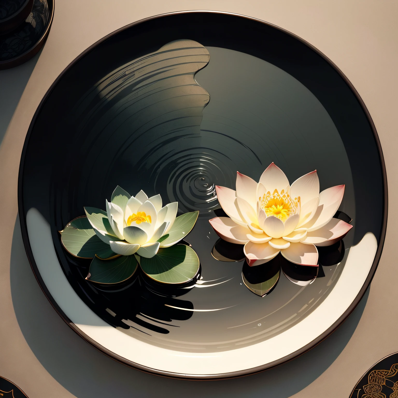 A lotus flower，Two lotus leaves，Traditional chinese painting，water ink，black in color，greys --auto