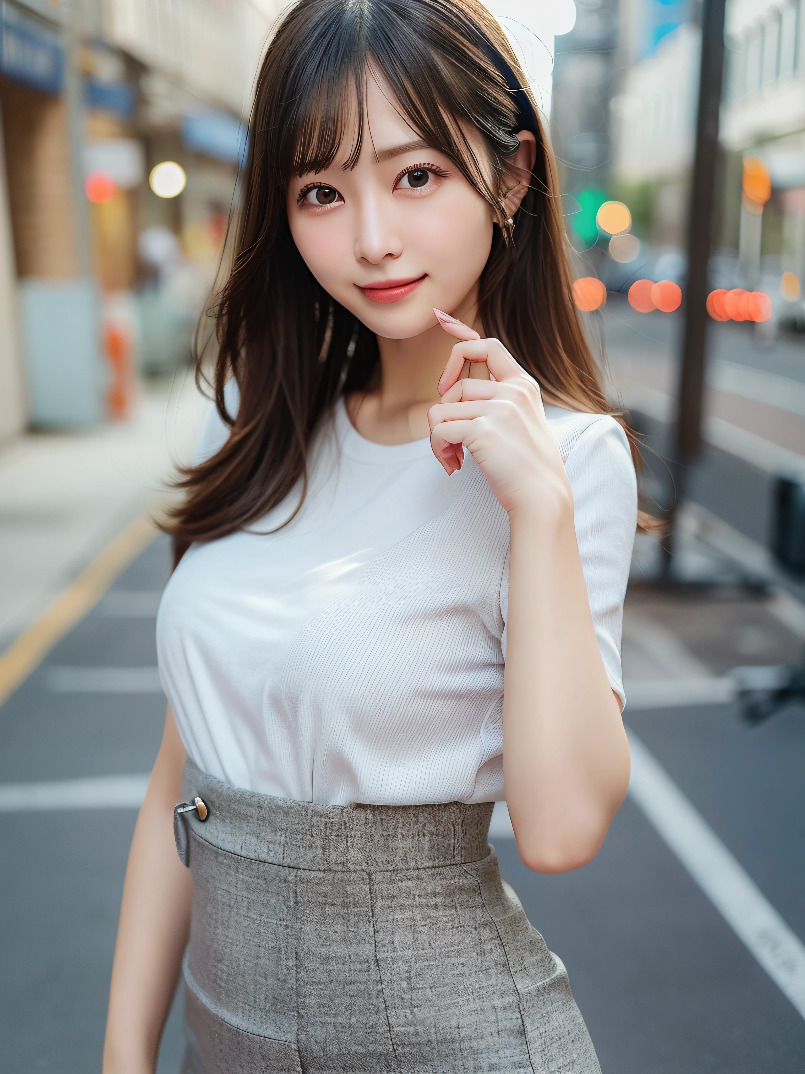Woman wearing office casual、suits、tight skirts、In the street、fullllbody、top-quality、ultra-detailliert、超A high resolution、(Photorealsitic:1.8)、Saika 1、Erotic face、looking at the viewers、a smile、natural soft light