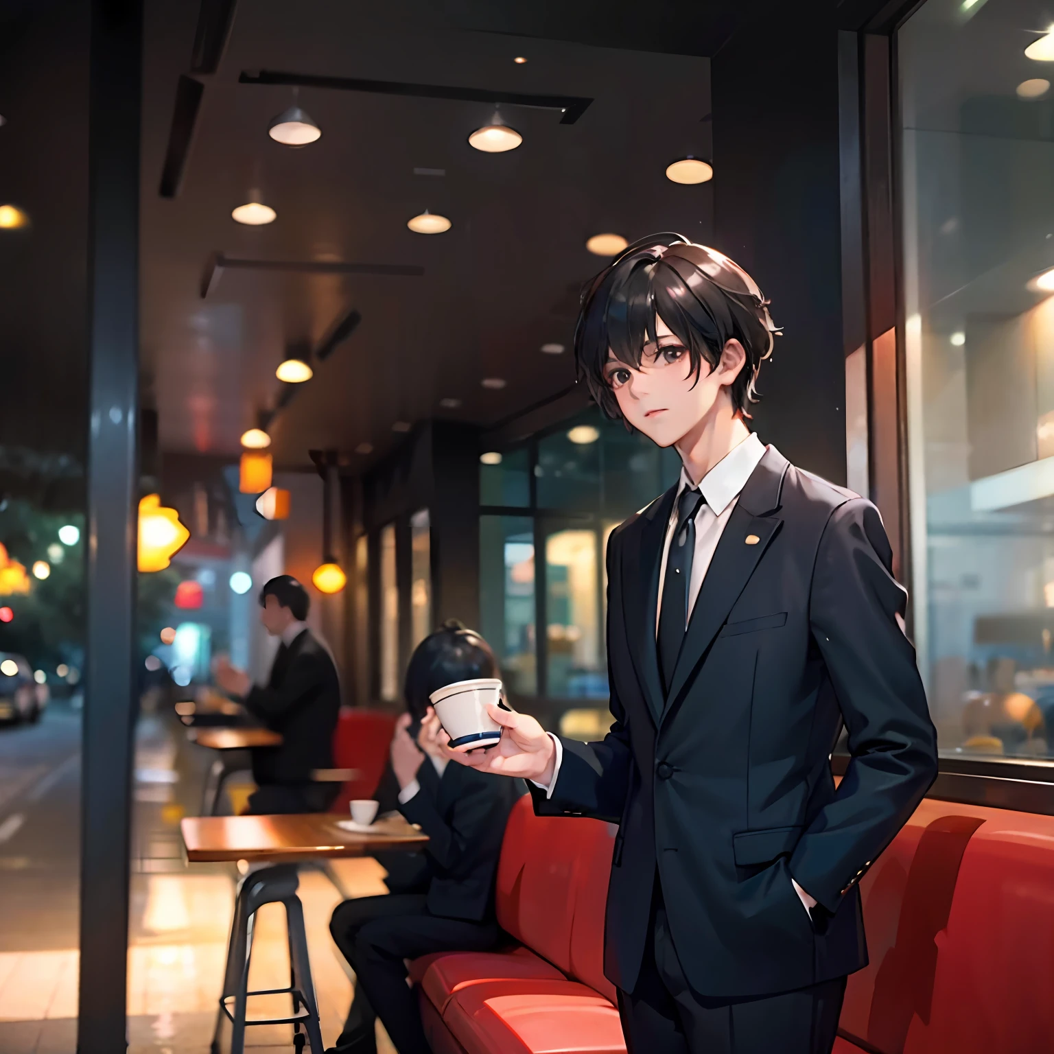 A boy，50yearsold，Short black hair for three and seven points，Brown eyes，dressed in a suit，Date at a café