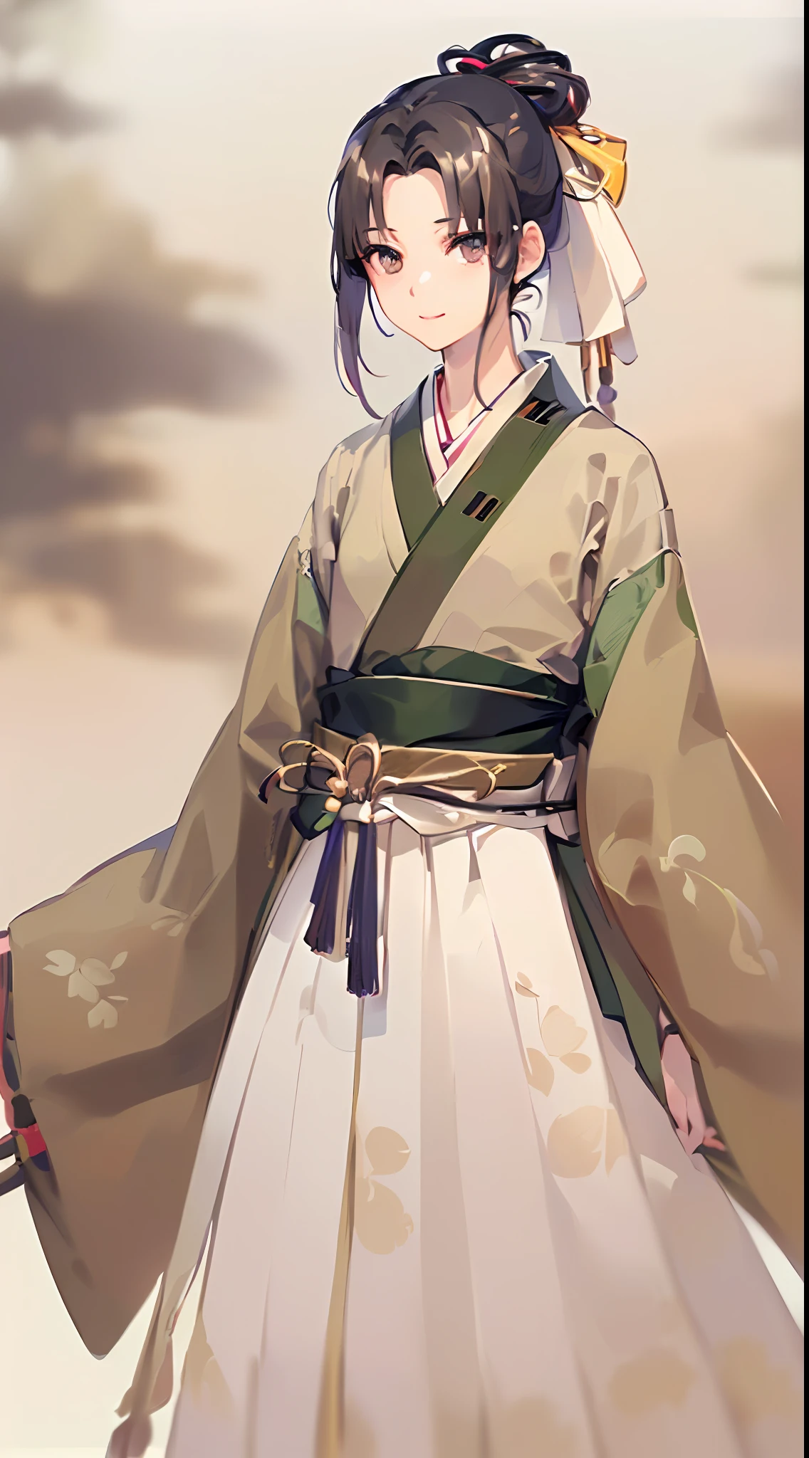 「(8k wallpaper:1.5)、(high-level image quality:1.3)、(animesque, illustratio:1.5)、(femele、good-looking:1.8)、(beatiful detailed eyes:1.3)、(A slight smil:1.1)、(Hakama、Kyudo:1.5)、(Kyudojo:1.3)、(sepia, gradients:1.5)」