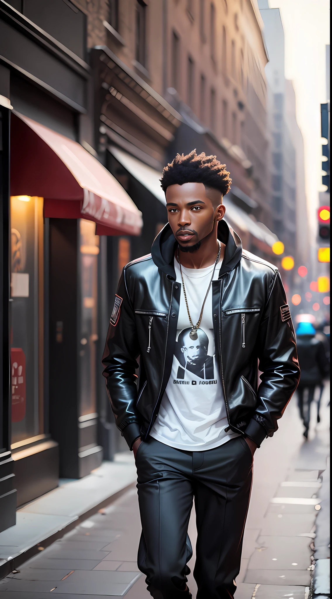 Un tres bel homme black marche avec assurance dans les rue de new york au petit matin ambiance jazz album hip hop lofi