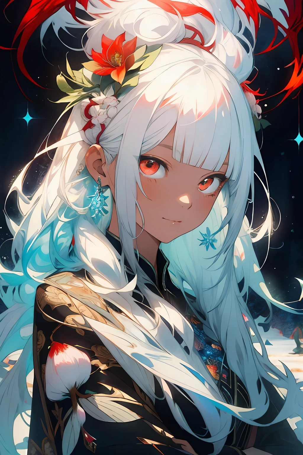realisticlying,(tmasterpiece,top Quority,best qualtiy,offcial art,Beauty and aesthetics:1.2),The is very detailed,s fractal art,Colorful,Most detailed,zentangle,(abstract backgrounds:1.5)(1boy:1.3),Kamimei,The color hair,long whitr hair,(luminous red eyes),mistic,(magia),Ice and snow,Kizi,((amaryllis,Stone garlic)),Hades,hell